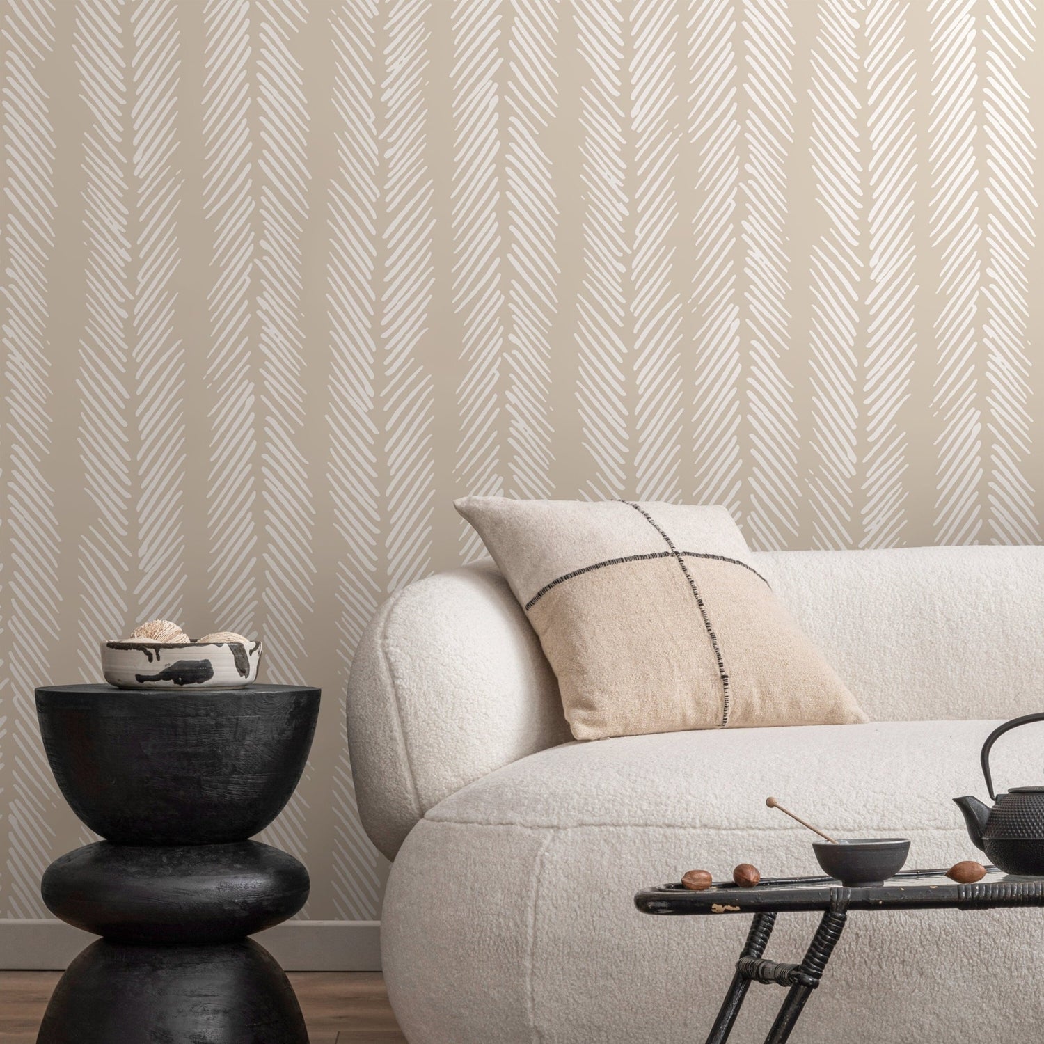 Neutral Herringbone Wallpaper Boho Wallpaper Peel and Stick and Traditional Wallpaper - D790 - WallTrend