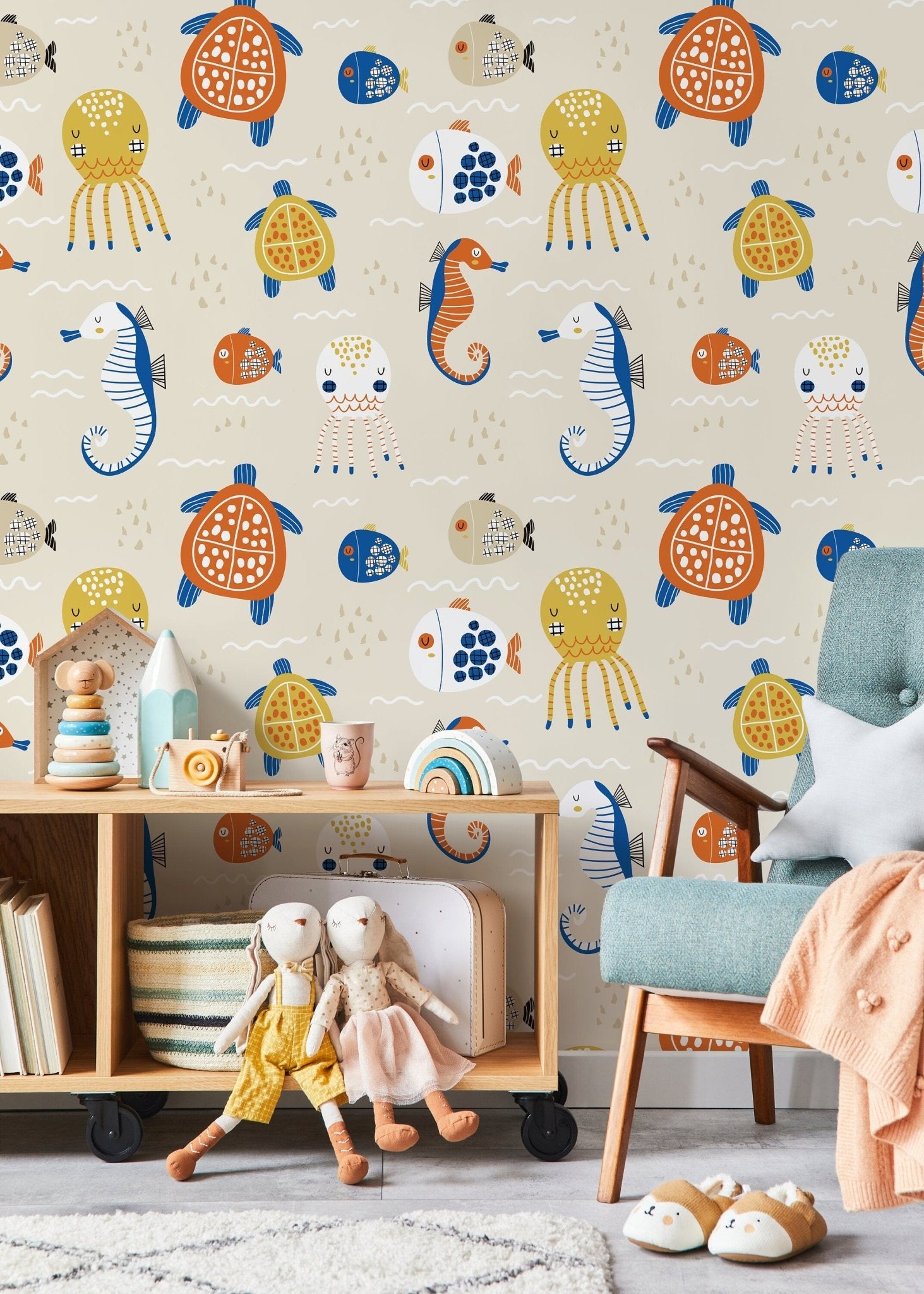 Nursery Ocean Animals Wallpaper / Peel and Stick Wallpaper Removable Wallpaper Home Decor Wall Art Wall Decor Room Decor - D110 - WallTrend