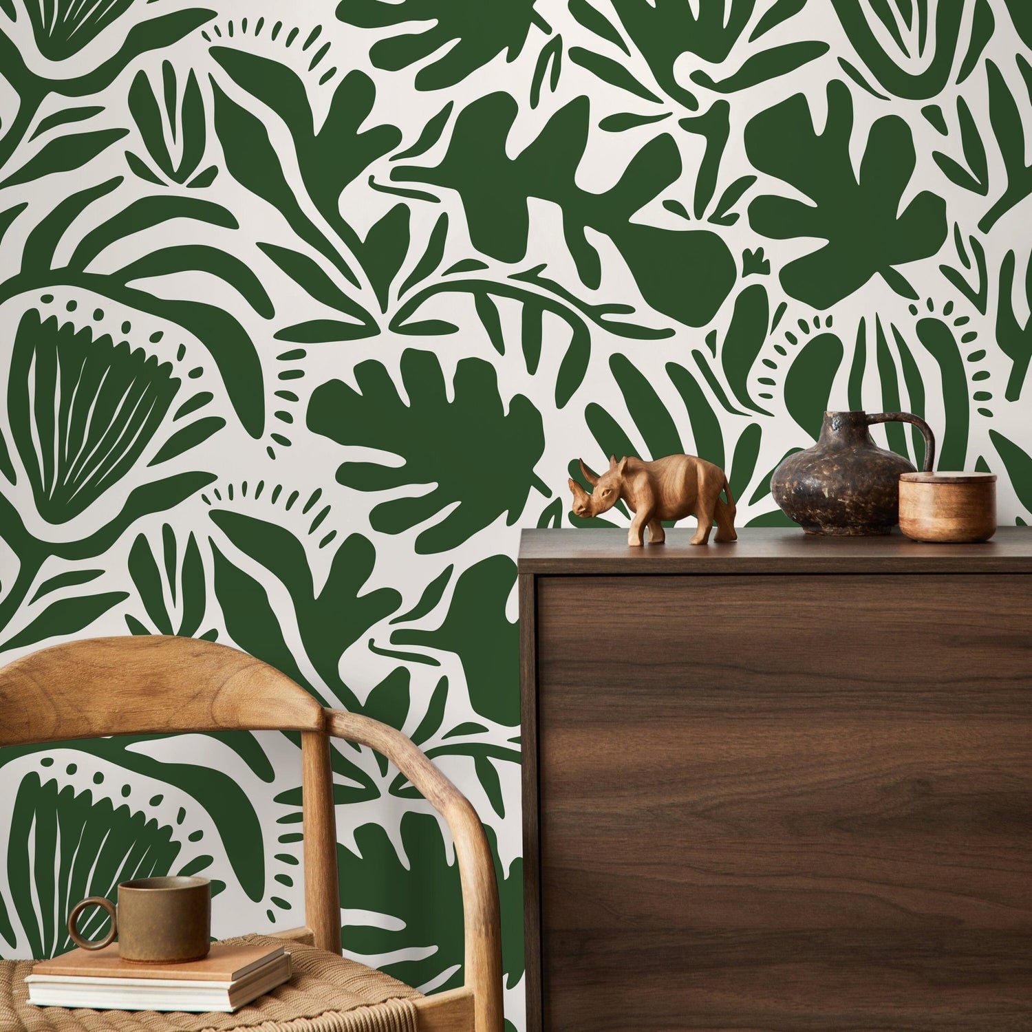 Olive Green Floral Wallpaper Abstract Wallpaper Peel and Stick and Traditional Wallpaper - D706 - WallTrend