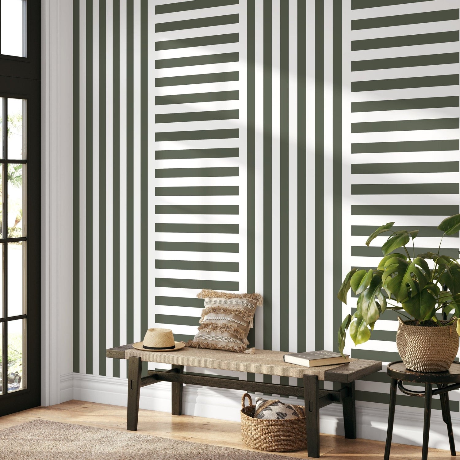 Olive Green Striped Wallpaper Modern Geometric Wallpaper Peel and Stick and Traditional Wallpaper - D735 - WallTrend
