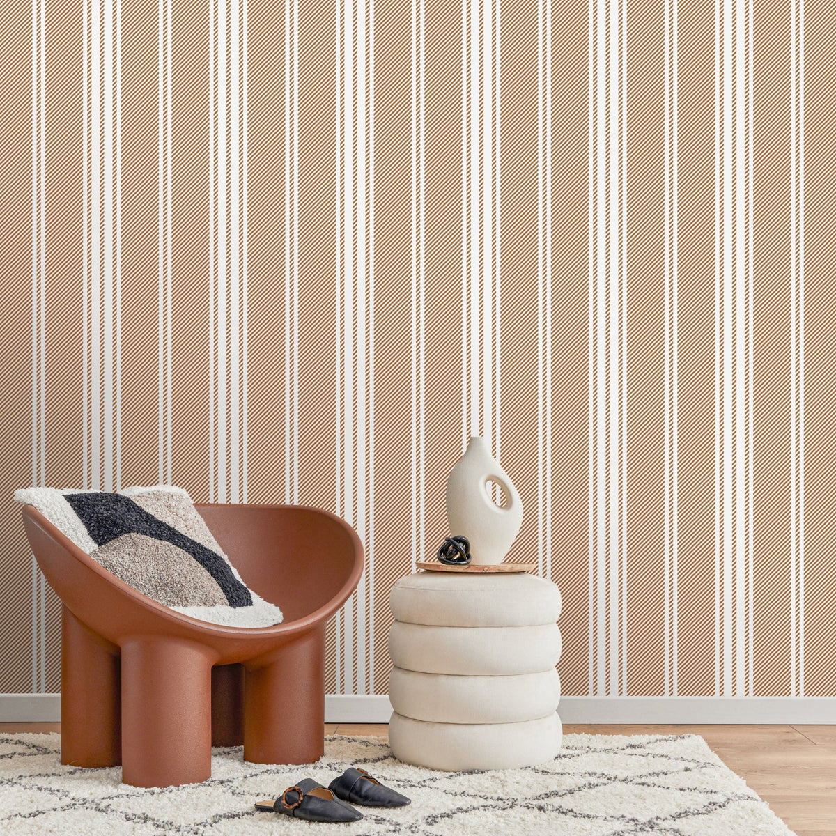Orange Striped Wallpaper Farmhouse Wallpaper Peel and Stick and Traditional Wallpaper - D783 - WallTrend