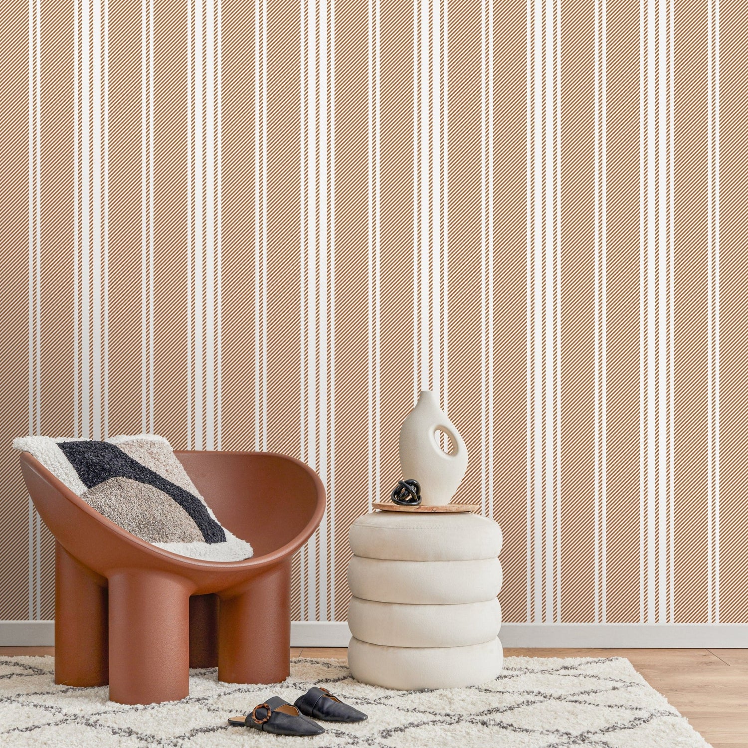 Orange Striped Wallpaper Farmhouse Wallpaper Peel and Stick and Traditional Wallpaper - D783 - WallTrend