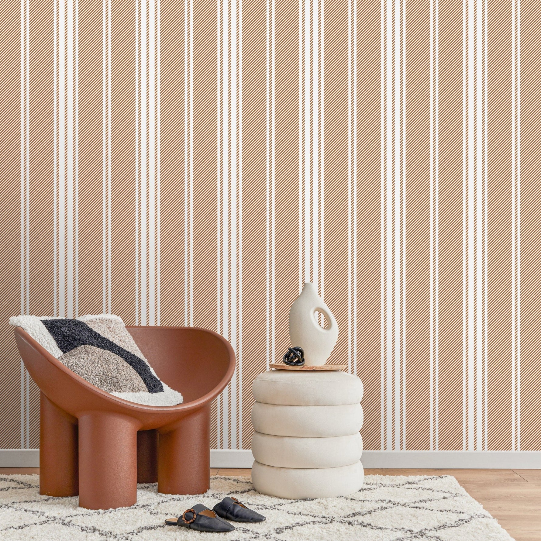Orange Striped Wallpaper Farmhouse Wallpaper Peel and Stick and Traditional Wallpaper - D783 - WallTrend