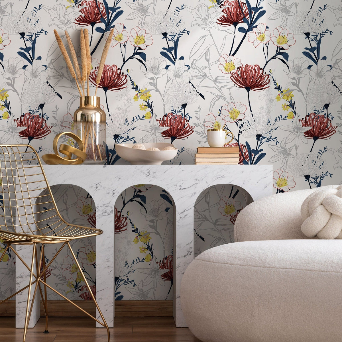 Outline Tropical Flowers Wallpaper - Removable Wallpaper Peel and Stick Wallpaper Wall Paper Wall Mural - B432 - WallTrend