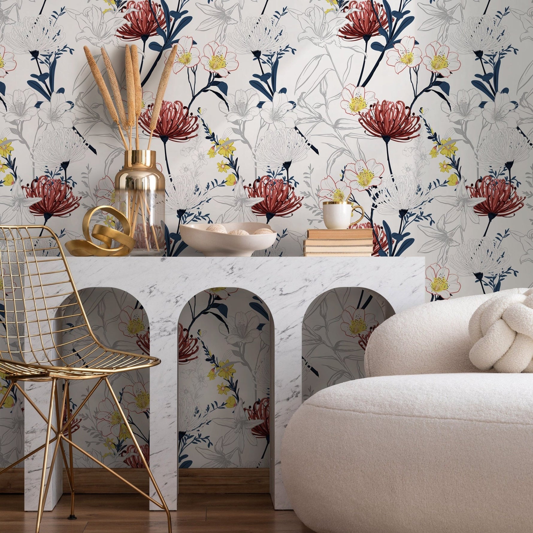 Outline Tropical Flowers Wallpaper - Removable Wallpaper Peel and Stick Wallpaper Wall Paper Wall Mural - B432 - WallTrend