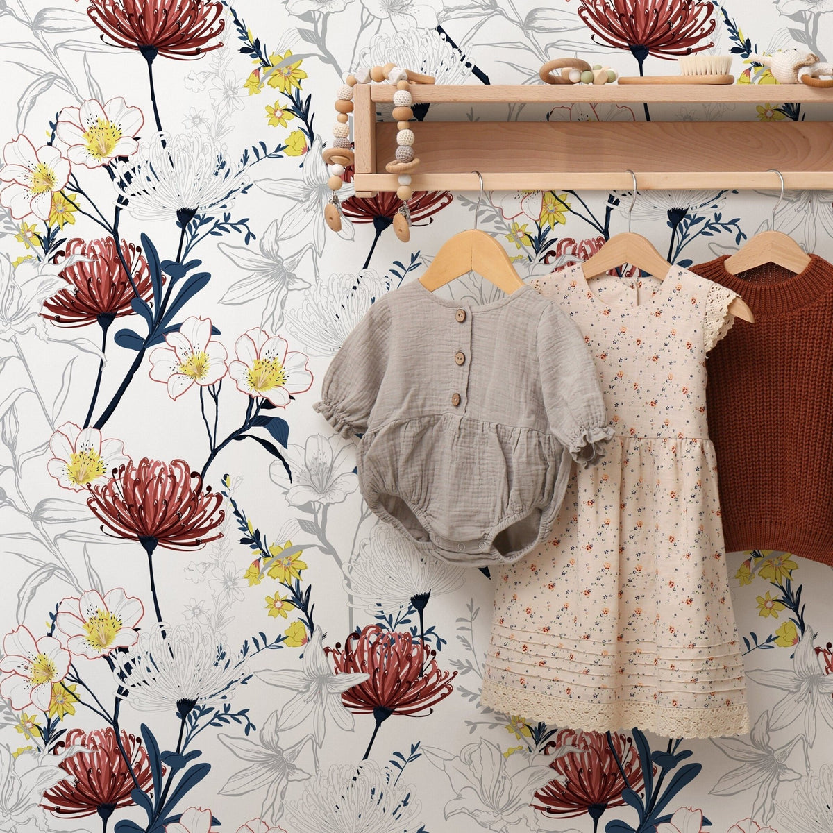 Outline Tropical Flowers Wallpaper - Removable Wallpaper Peel and Stick Wallpaper Wall Paper Wall Mural - B432 - WallTrend