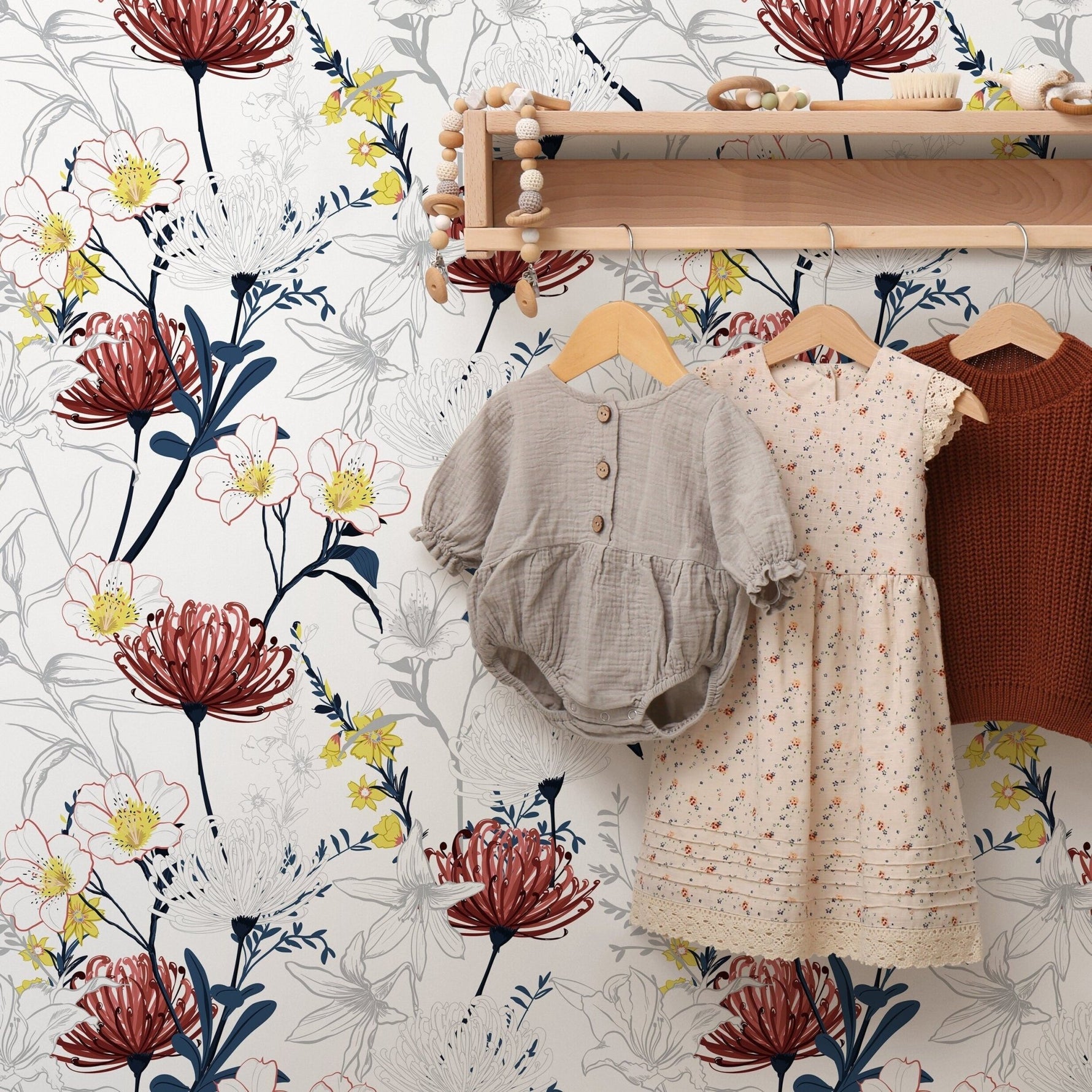 Outline Tropical Flowers Wallpaper - Removable Wallpaper Peel and Stick Wallpaper Wall Paper Wall Mural - B432 - WallTrend