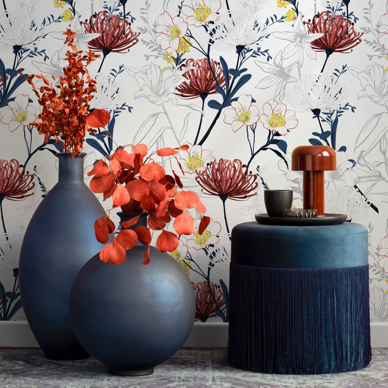 Outline Tropical Flowers Wallpaper - Removable Wallpaper Peel and Stick Wallpaper Wall Paper Wall Mural - B432 - WallTrend