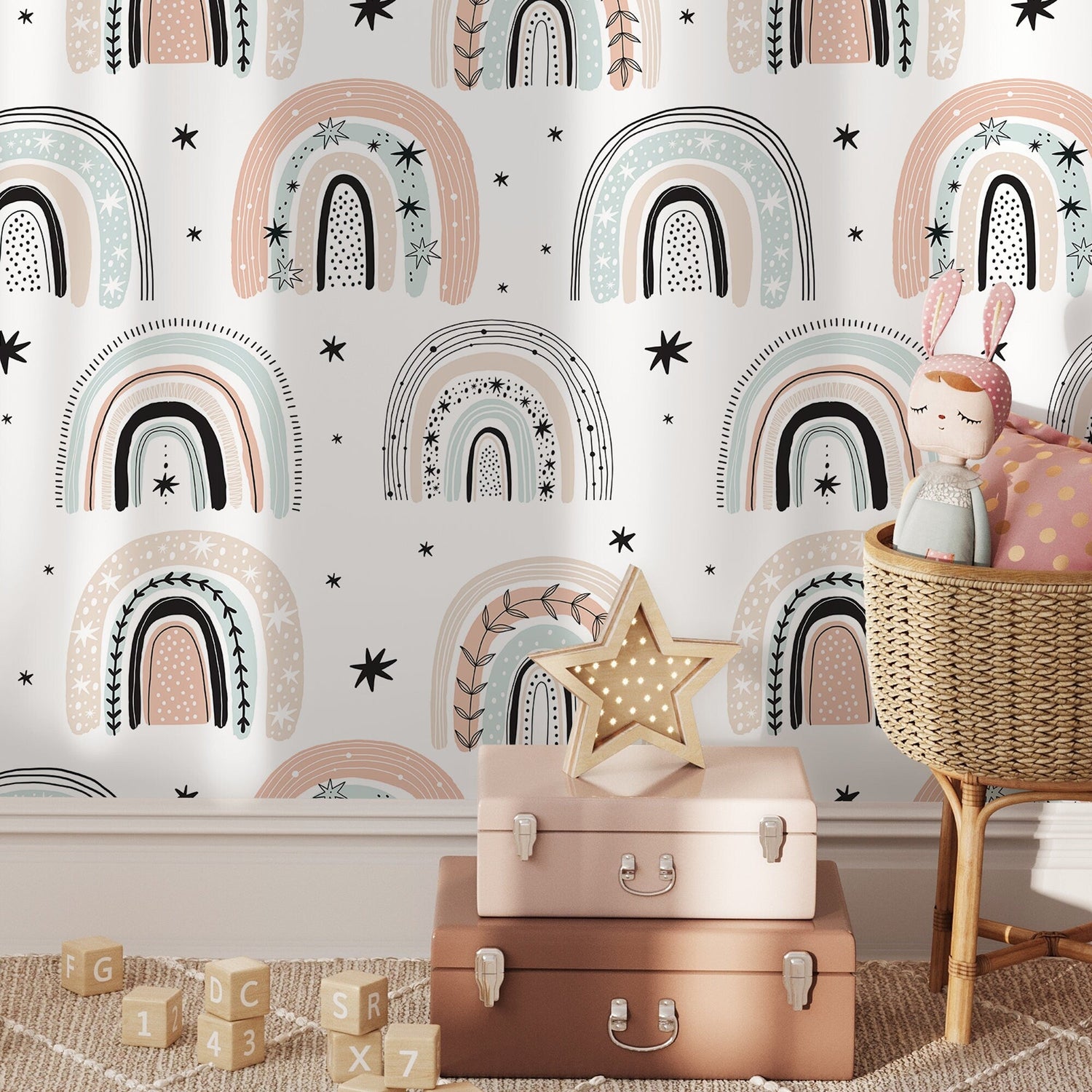 Pastel Rainbow and Stars Wallpaper - B491 - WallTrend