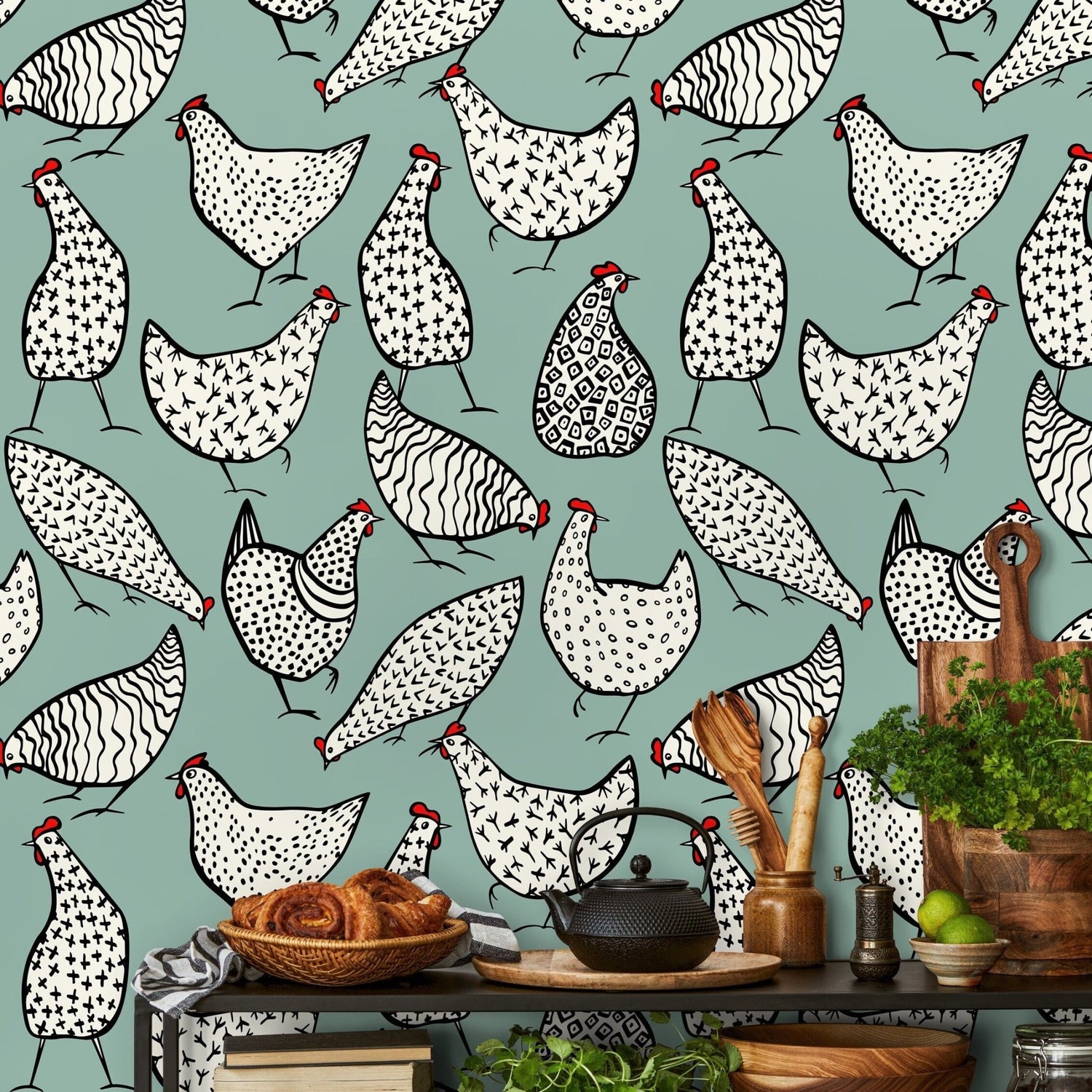 Patterned Hen Parade Wallpaper - B330 - WallTrend