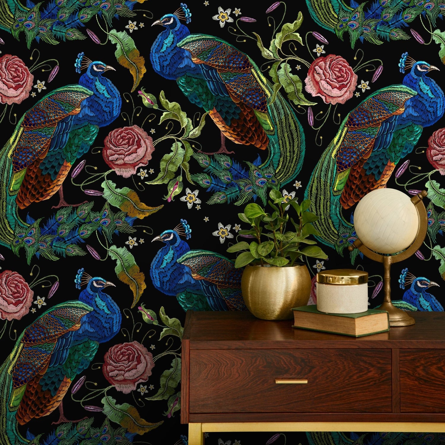 Peacock Wallpaper Dark Floral Wallpaper Peel and Stick and Traditional Wallpaper - D882 - WallTrend