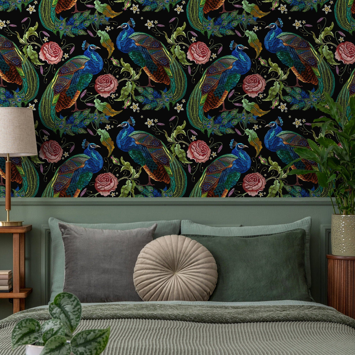 Peacock Wallpaper Dark Floral Wallpaper Peel and Stick and Traditional Wallpaper - D882 - WallTrend