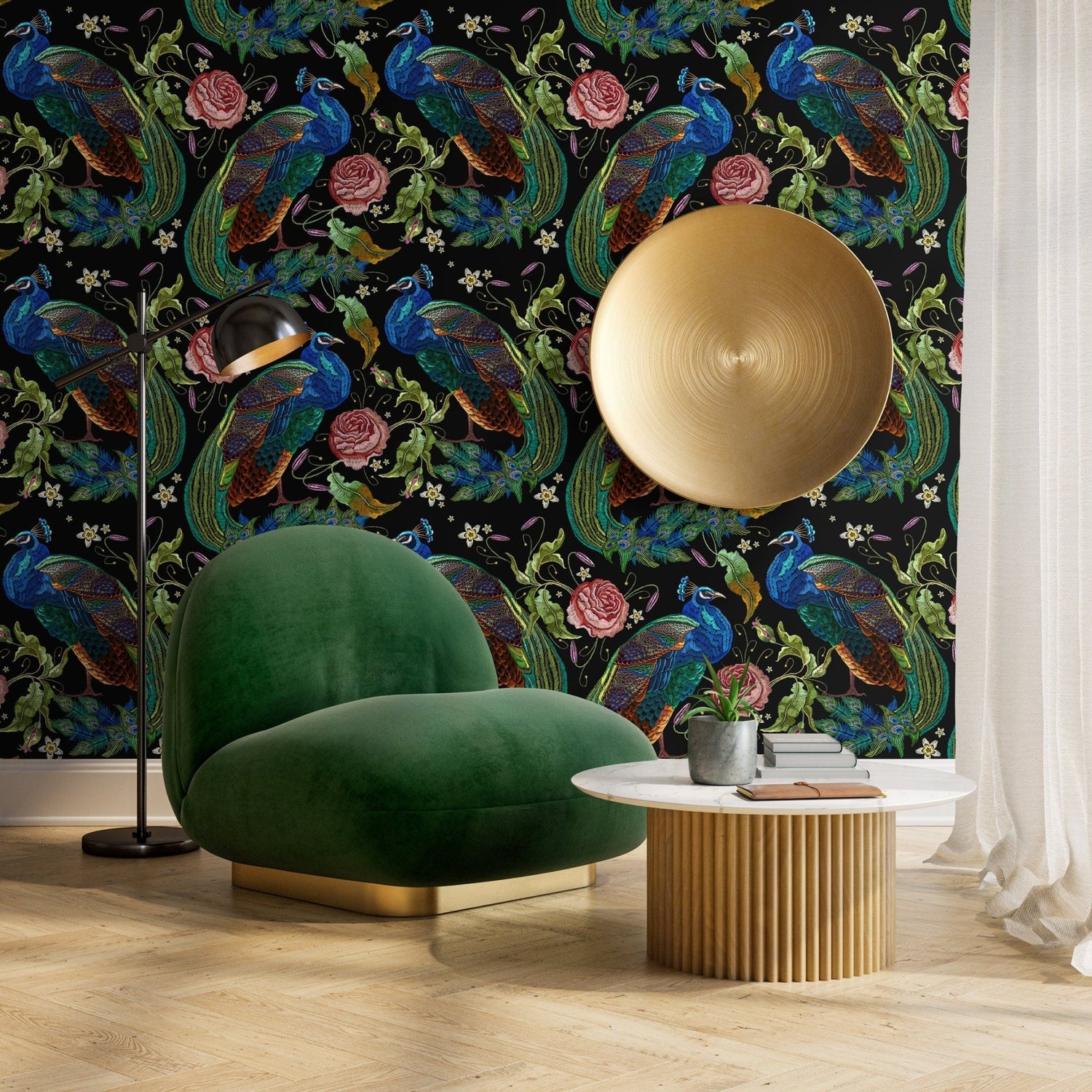Peacock Wallpaper Dark Floral Wallpaper Peel and Stick and Traditional Wallpaper - D882 - WallTrend