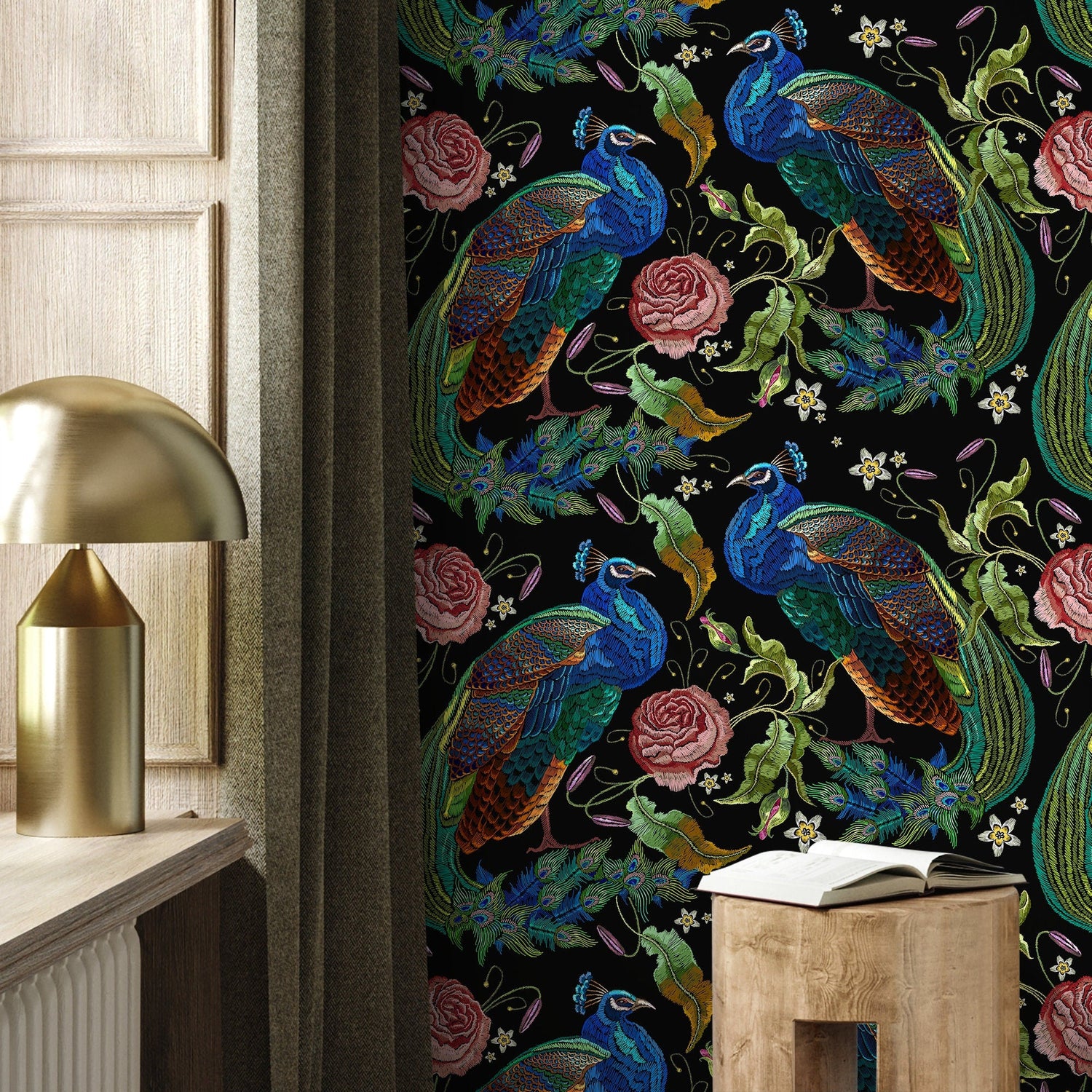 Peacock Wallpaper Dark Floral Wallpaper Peel and Stick and Traditional Wallpaper - D882 - WallTrend