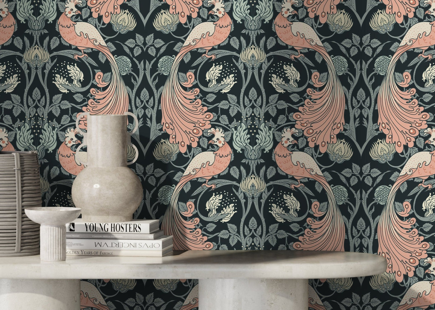 Pink and Green Art Nouveau Wallpaper / Peel and Stick Wallpaper Removable Wallpaper Home Decor Wall Art Wall Decor Room Decor - D499 - WallTrend