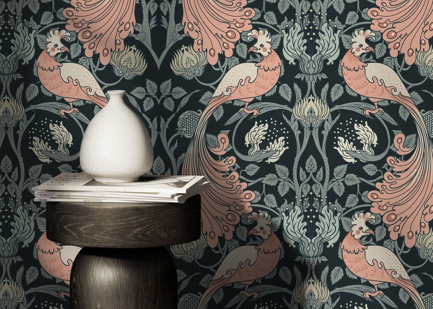 Pink and Green Art Nouveau Wallpaper / Peel and Stick Wallpaper Removable Wallpaper Home Decor Wall Art Wall Decor Room Decor - D499 - WallTrend