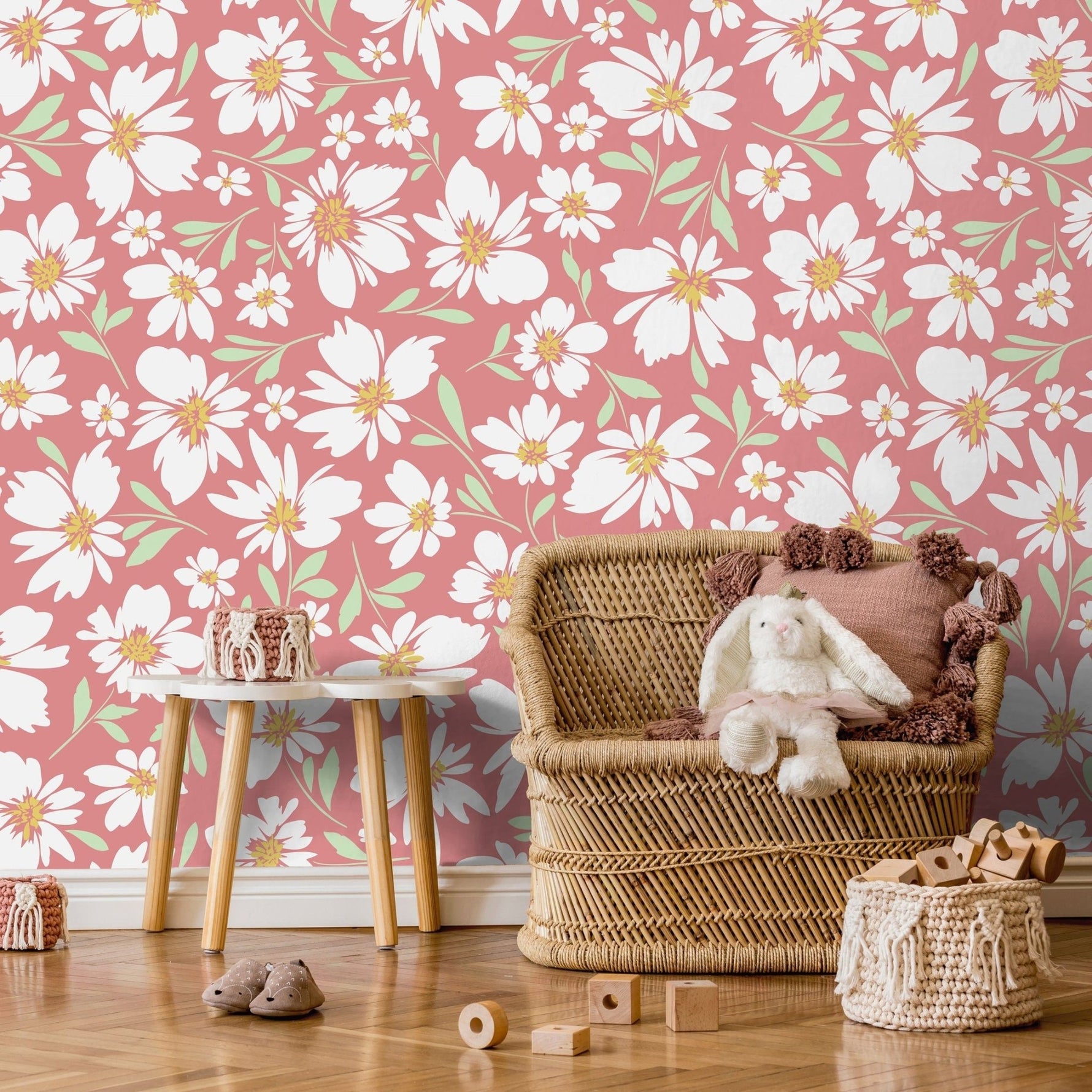 Pink Floral Daisies Wallpaper / Peel and Stick Wallpaper Removable Wallpaper Home Decor Wall Art Wall Decor Room Decor - C691 - WallTrend