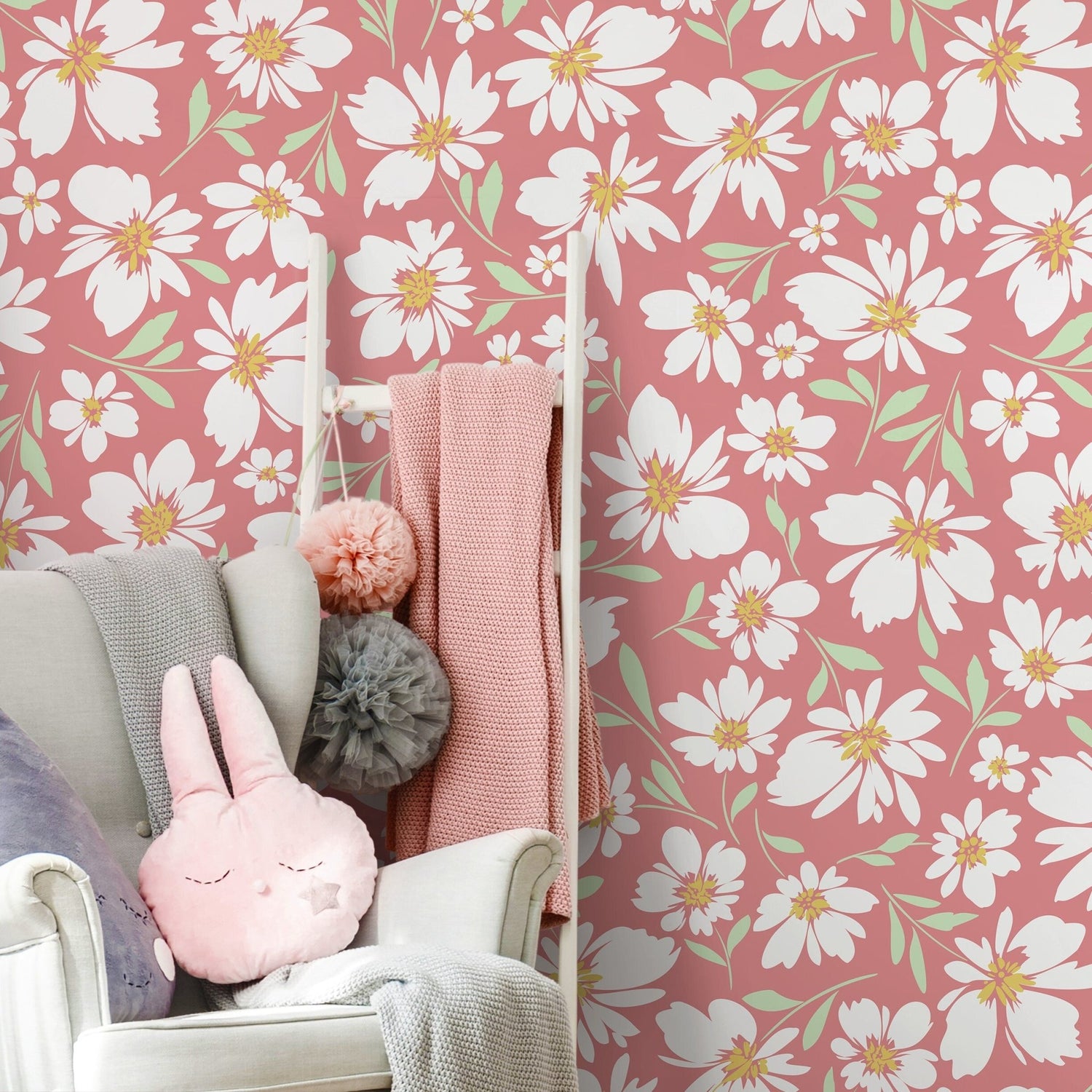 Pink Floral Daisies Wallpaper / Peel and Stick Wallpaper Removable Wallpaper Home Decor Wall Art Wall Decor Room Decor - C691 - WallTrend