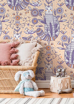 Playful Cat and Floral Motif Wallpaper - D292 - WallTrend