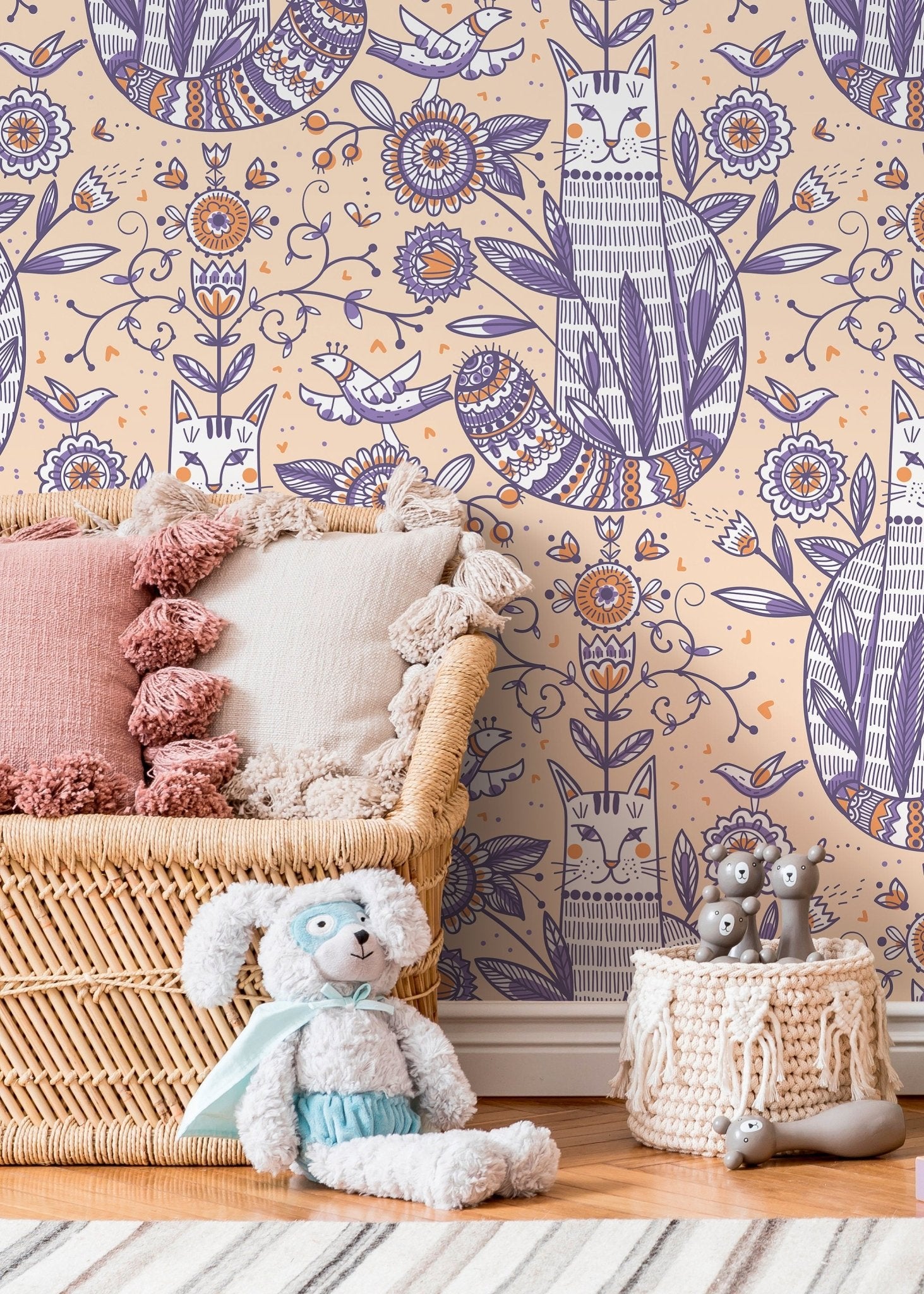 Playful Cat and Floral Motif Wallpaper - D292 - WallTrend