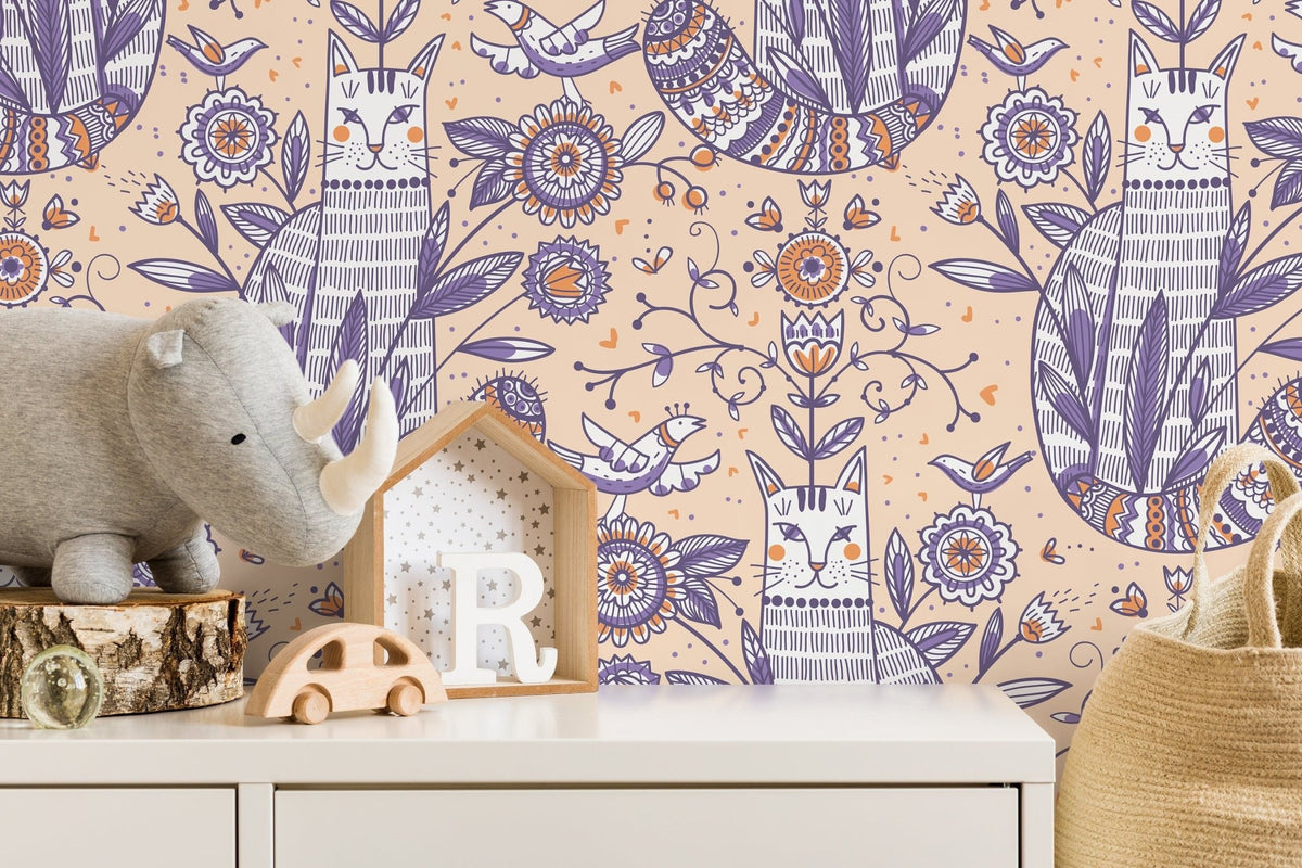 Playful Cat and Floral Motif Wallpaper - D292 - WallTrend