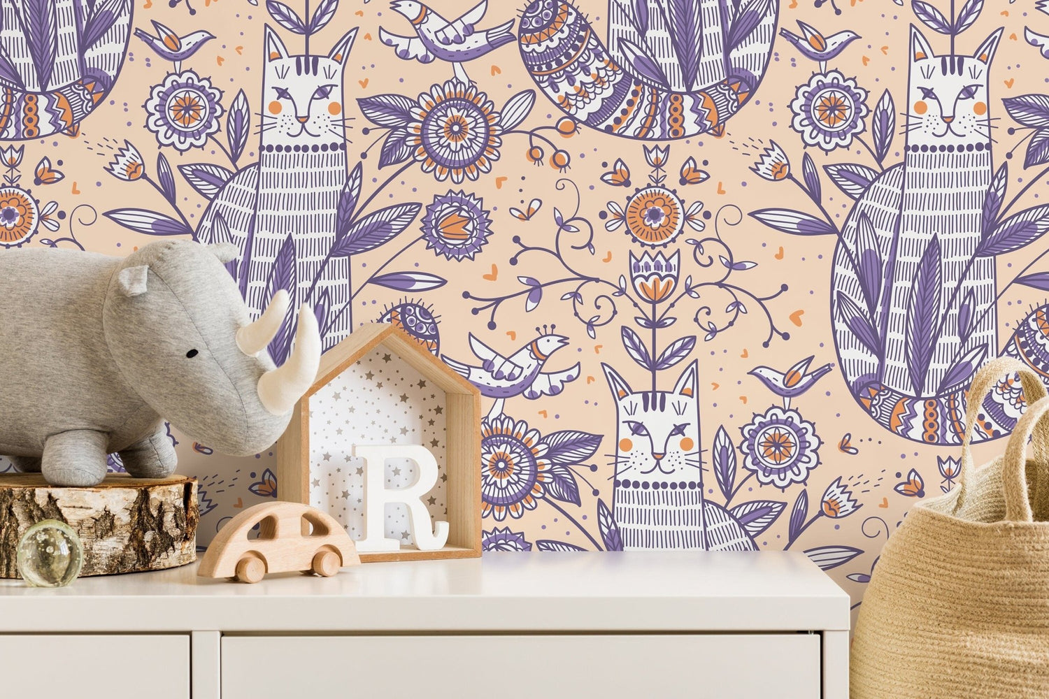 Playful Cat and Floral Motif Wallpaper - D292 - WallTrend