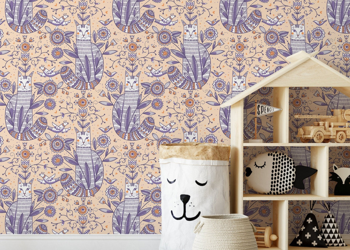 Playful Cat and Floral Motif Wallpaper - D292 - WallTrend