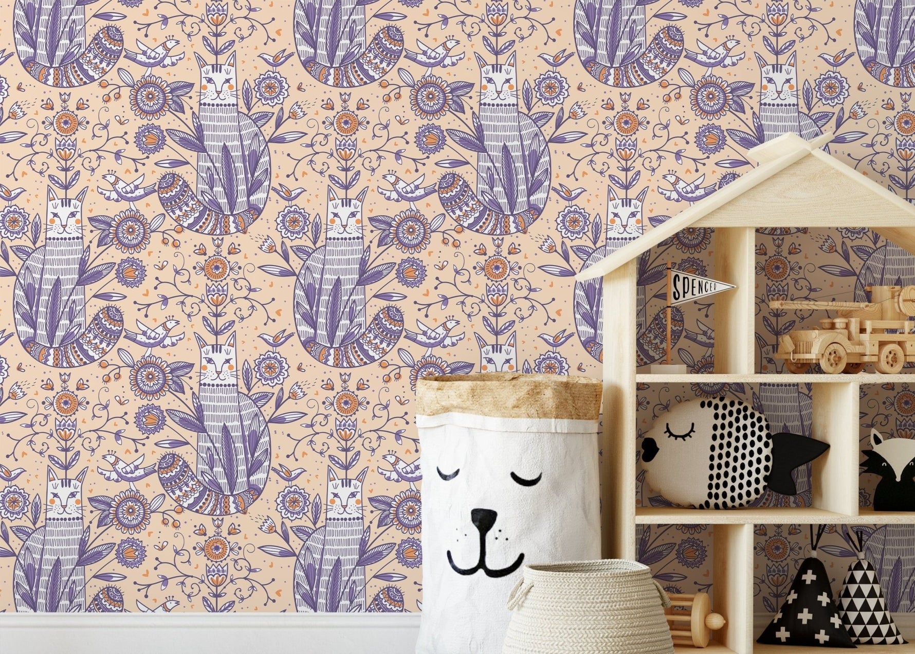 Playful Cat and Floral Motif Wallpaper - D292 - WallTrend