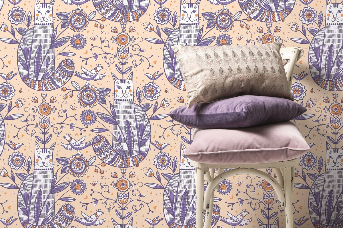 Playful Cat and Floral Motif Wallpaper - D292 - WallTrend