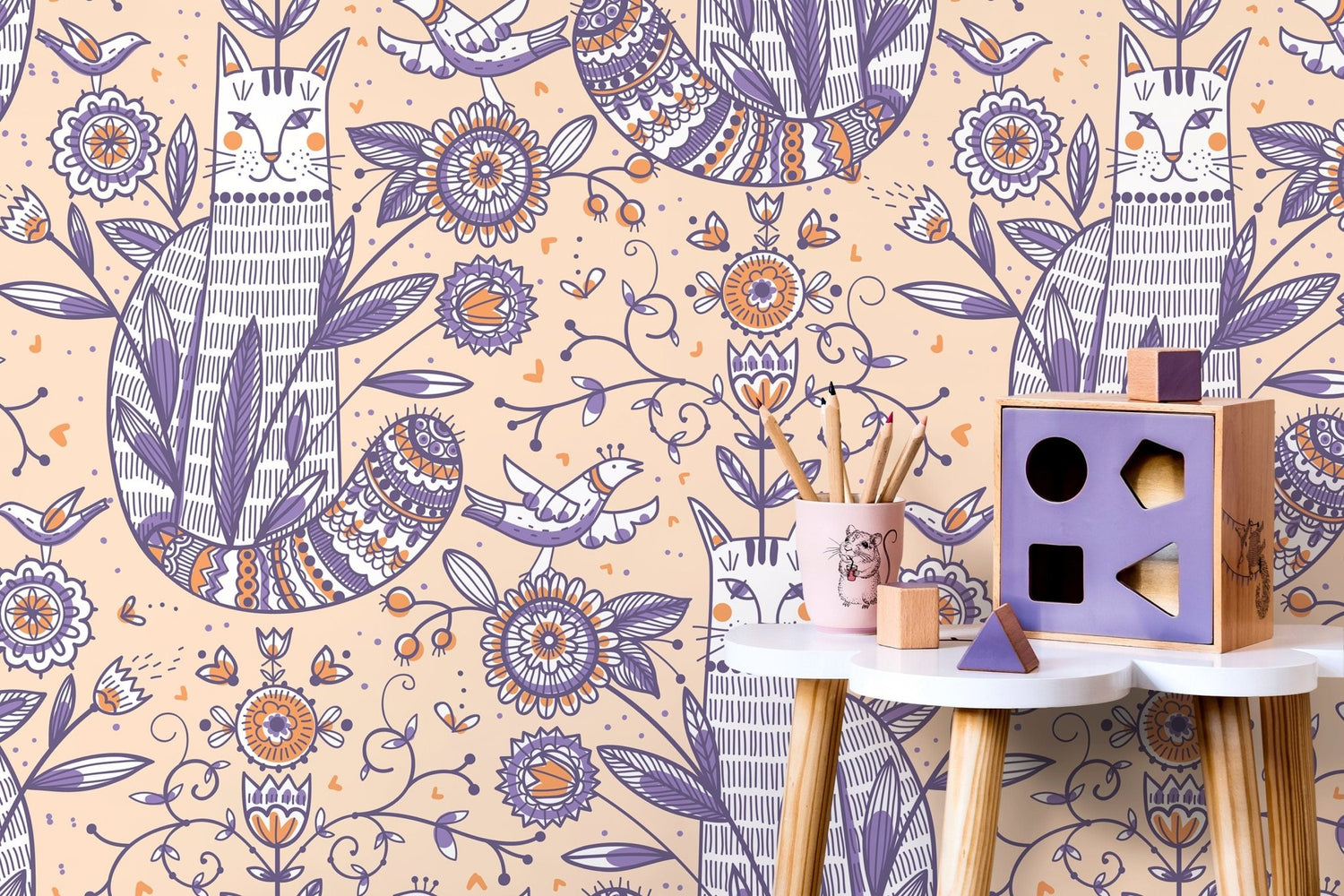 Playful Cat and Floral Motif Wallpaper - D292 - WallTrend