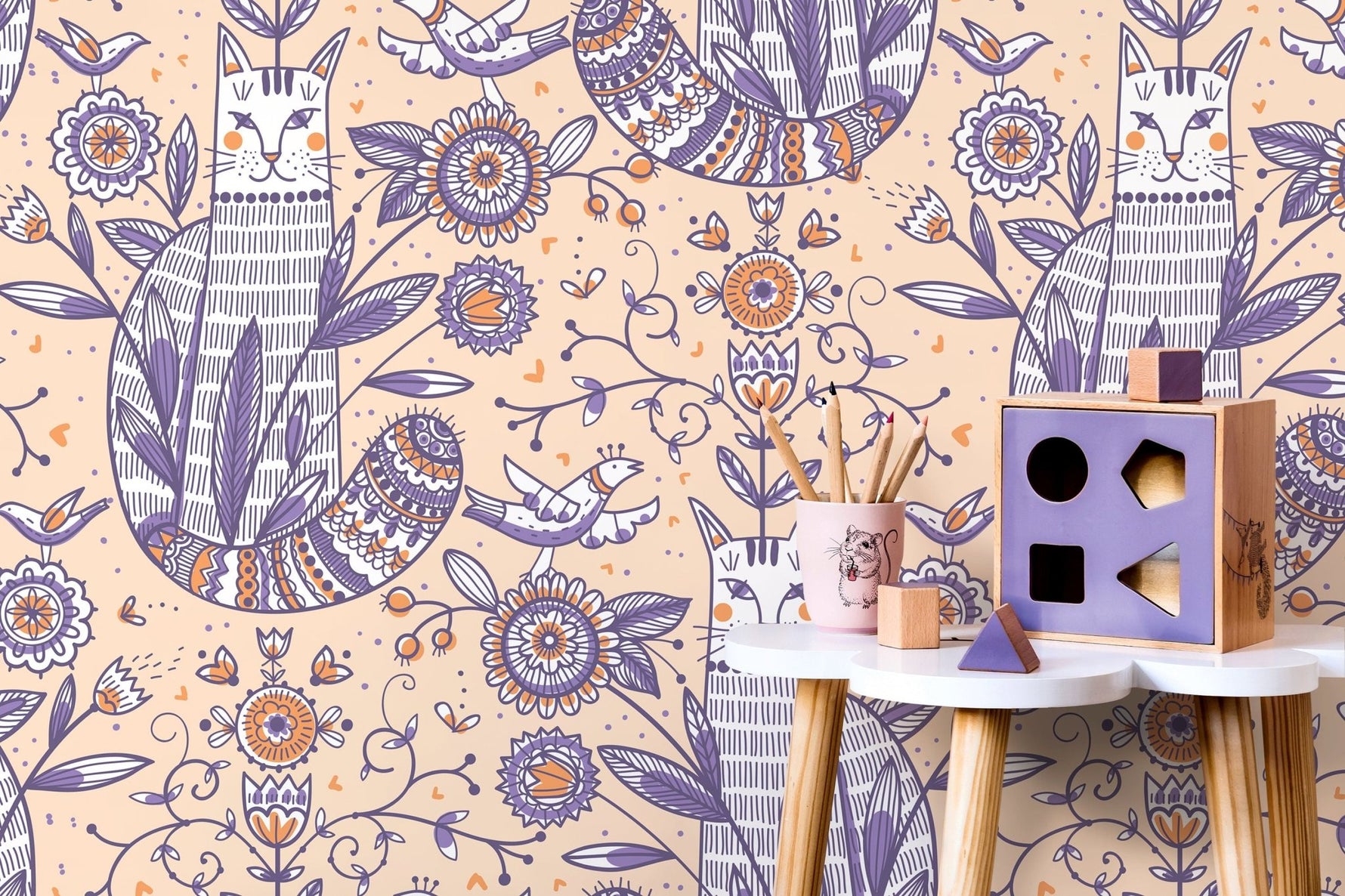 Playful Cat and Floral Motif Wallpaper - D292 - WallTrend