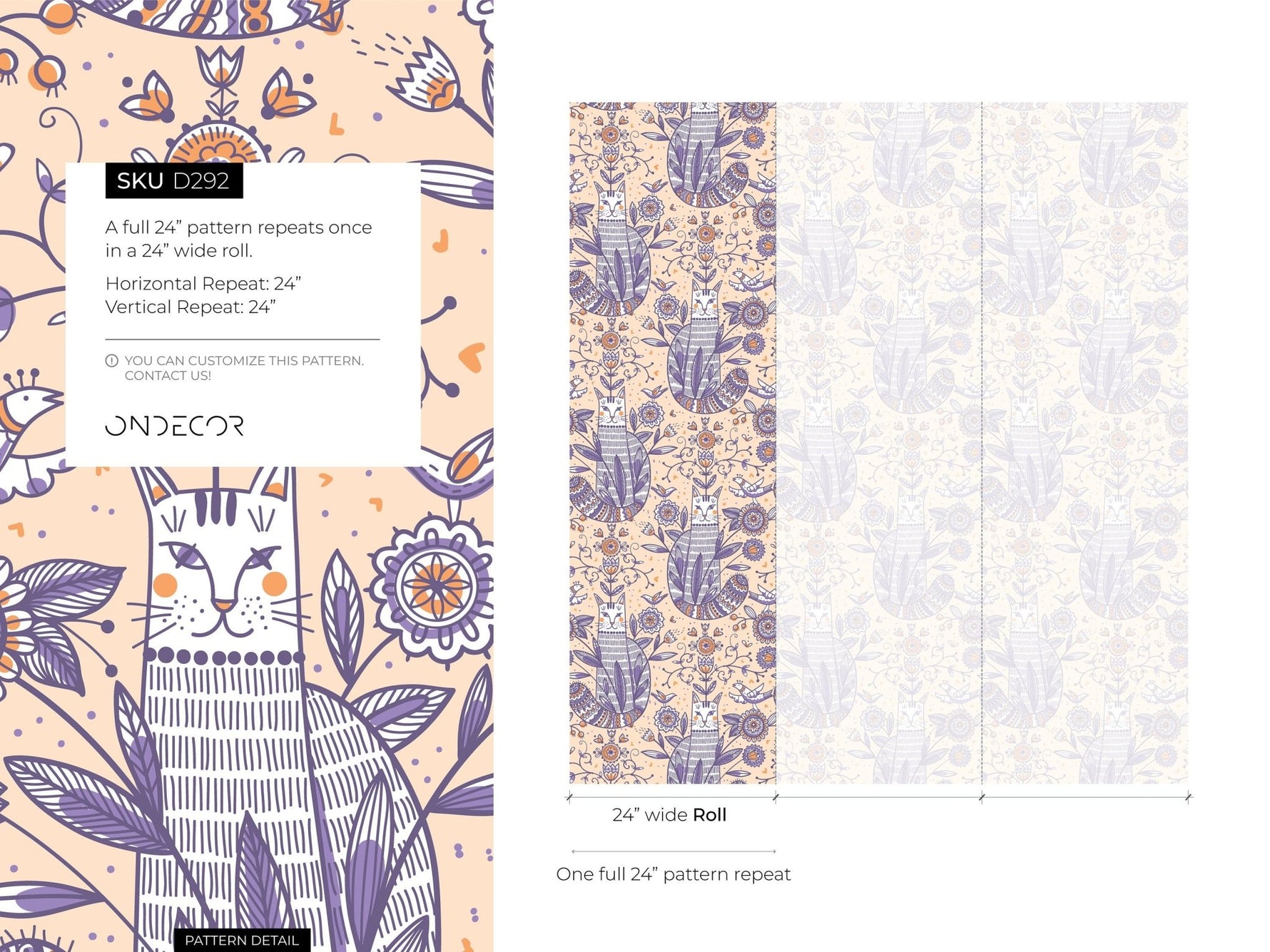 Playful Cat and Floral Motif Wallpaper - D292 - WallTrend