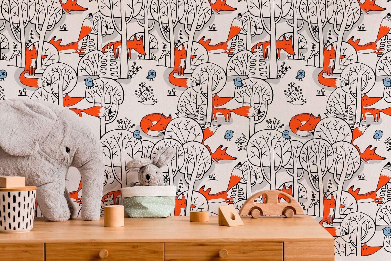 Playful Foxes and Trees Wallpaper - SKU B698 - WallTrend