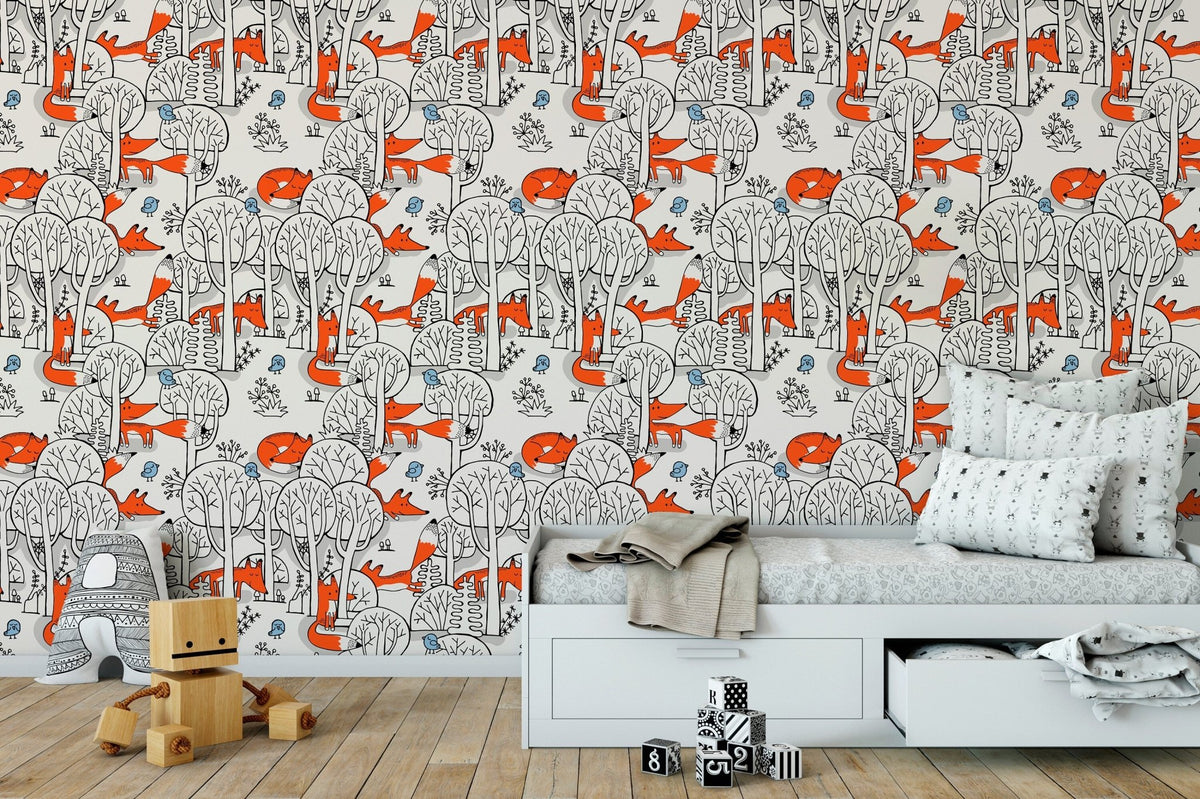 Playful Foxes and Trees Wallpaper - SKU B698 - WallTrend