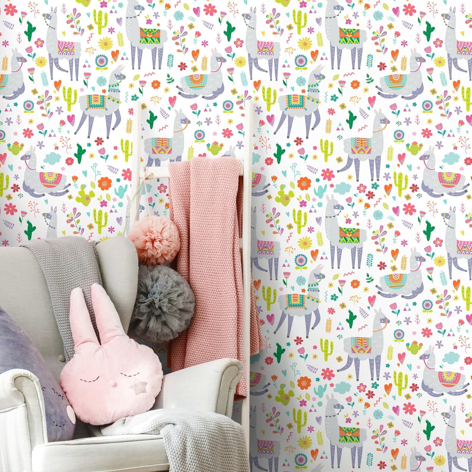 Playful Llama and Cactus Wallpaper - A389 - WallTrend