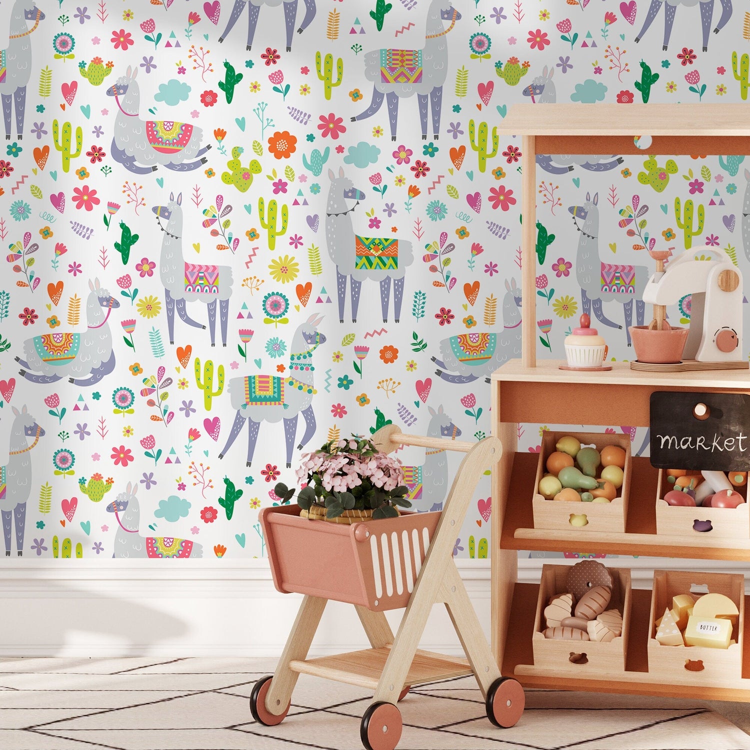 Playful Llama and Cactus Wallpaper - A389 - WallTrend