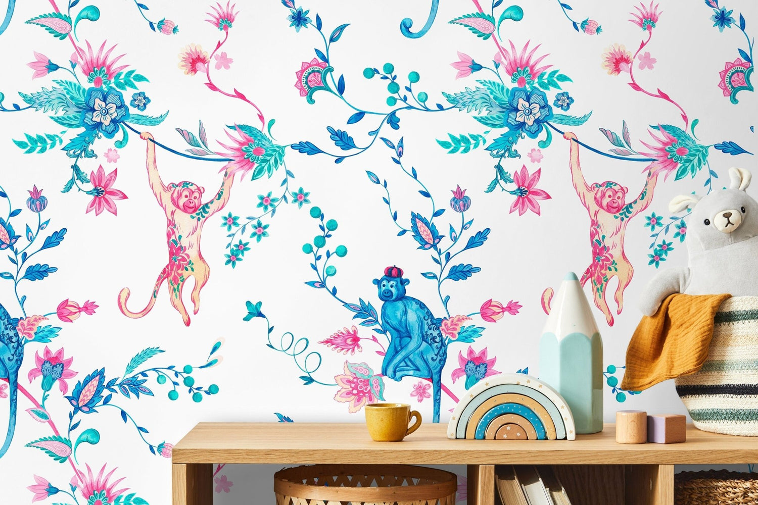 Playful Primates and Florals Wallpaper - C796 - WallTrend