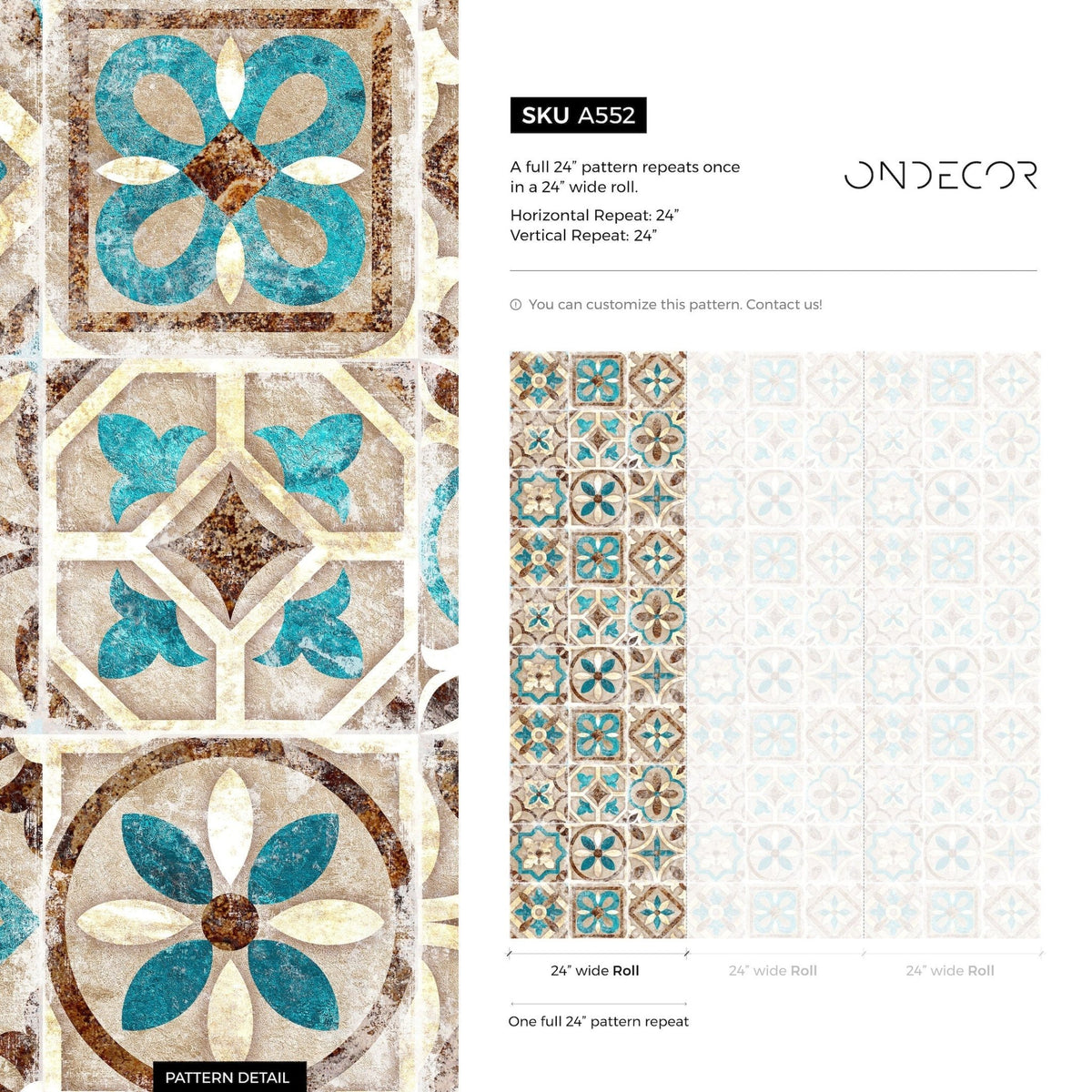 Portuguese Tile Wallpaper Geometric Wallpaper Moroccan Wallpaper Spanish Peel and Stick and Traditional Wallpaper Teal Brown - A552 - WallTrend