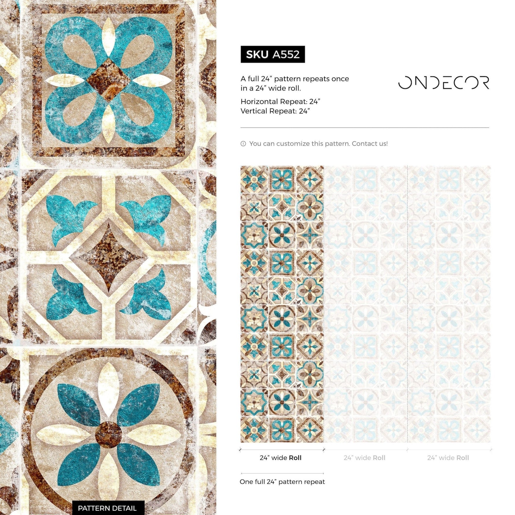 Portuguese Tile Wallpaper Geometric Wallpaper Moroccan Wallpaper Spanish Peel and Stick and Traditional Wallpaper Teal Brown - A552 - WallTrend