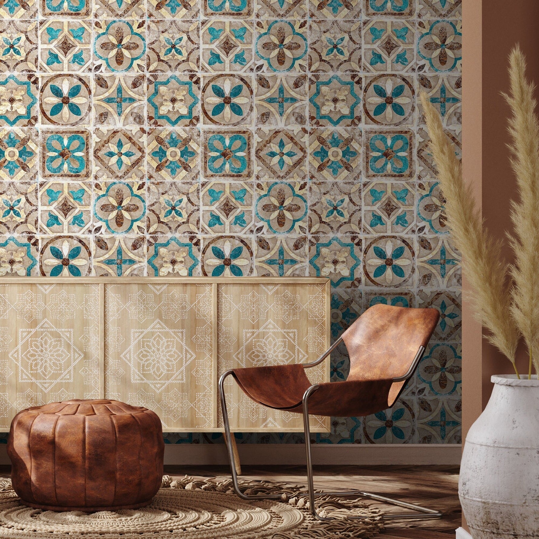 Portuguese Tile Wallpaper Geometric Wallpaper Moroccan Wallpaper Spanish Peel and Stick and Traditional Wallpaper Teal Brown - A552 - WallTrend