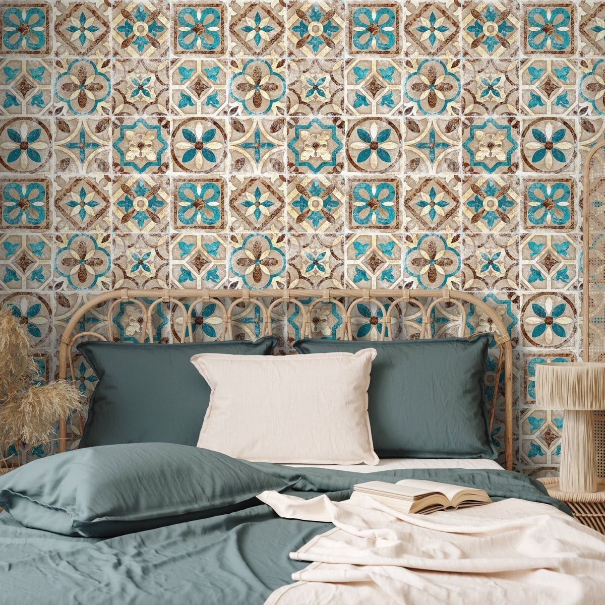 Portuguese Tile Wallpaper Geometric Wallpaper Moroccan Wallpaper Spanish Peel and Stick and Traditional Wallpaper Teal Brown - A552 - WallTrend