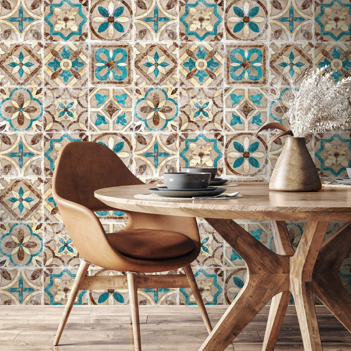 Portuguese Tile Wallpaper Geometric Wallpaper Moroccan Wallpaper Spanish Peel and Stick and Traditional Wallpaper Teal Brown - A552 - WallTrend