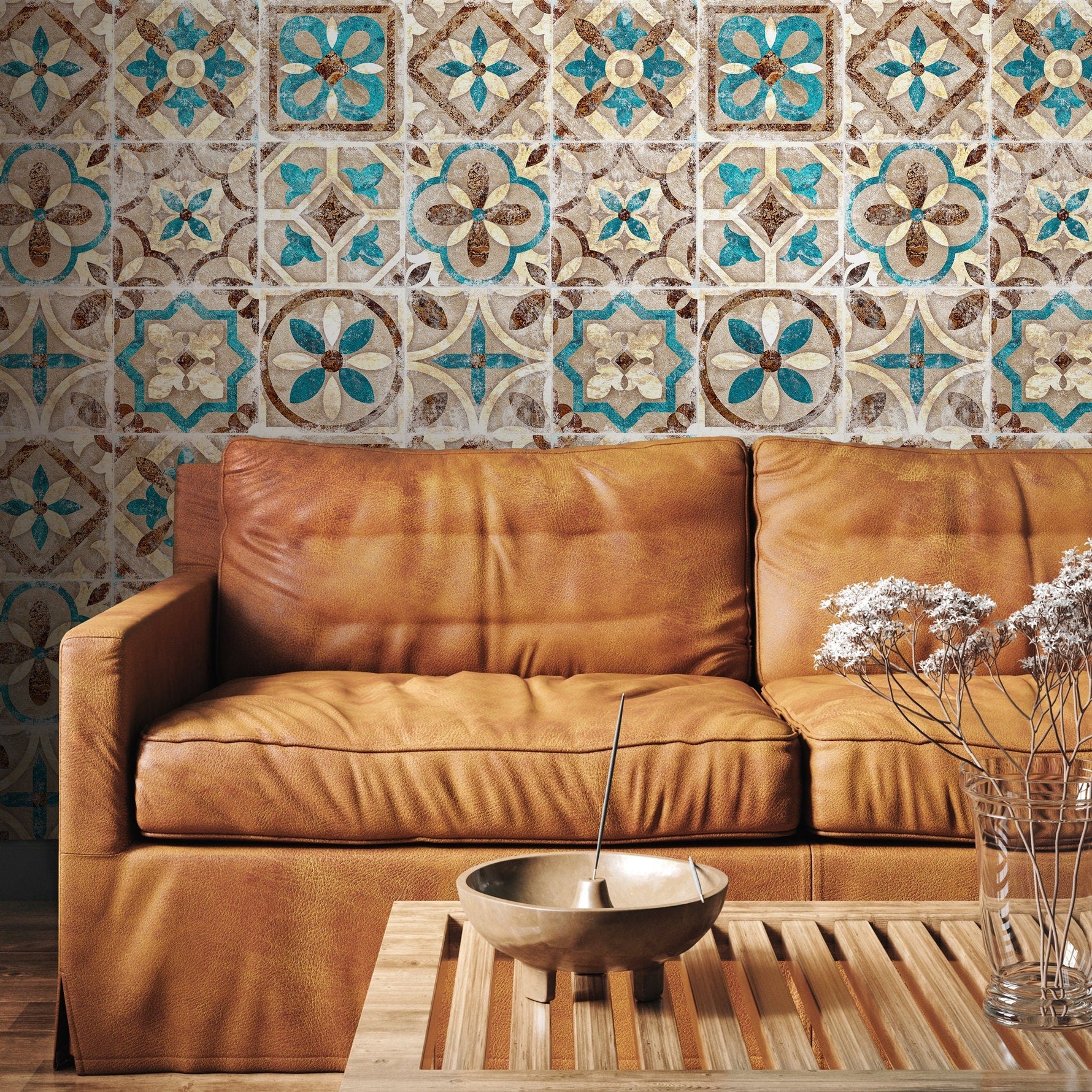 Portuguese Tile Wallpaper Geometric Wallpaper Moroccan Wallpaper Spanish Peel and Stick and Traditional Wallpaper Teal Brown - A552 - WallTrend