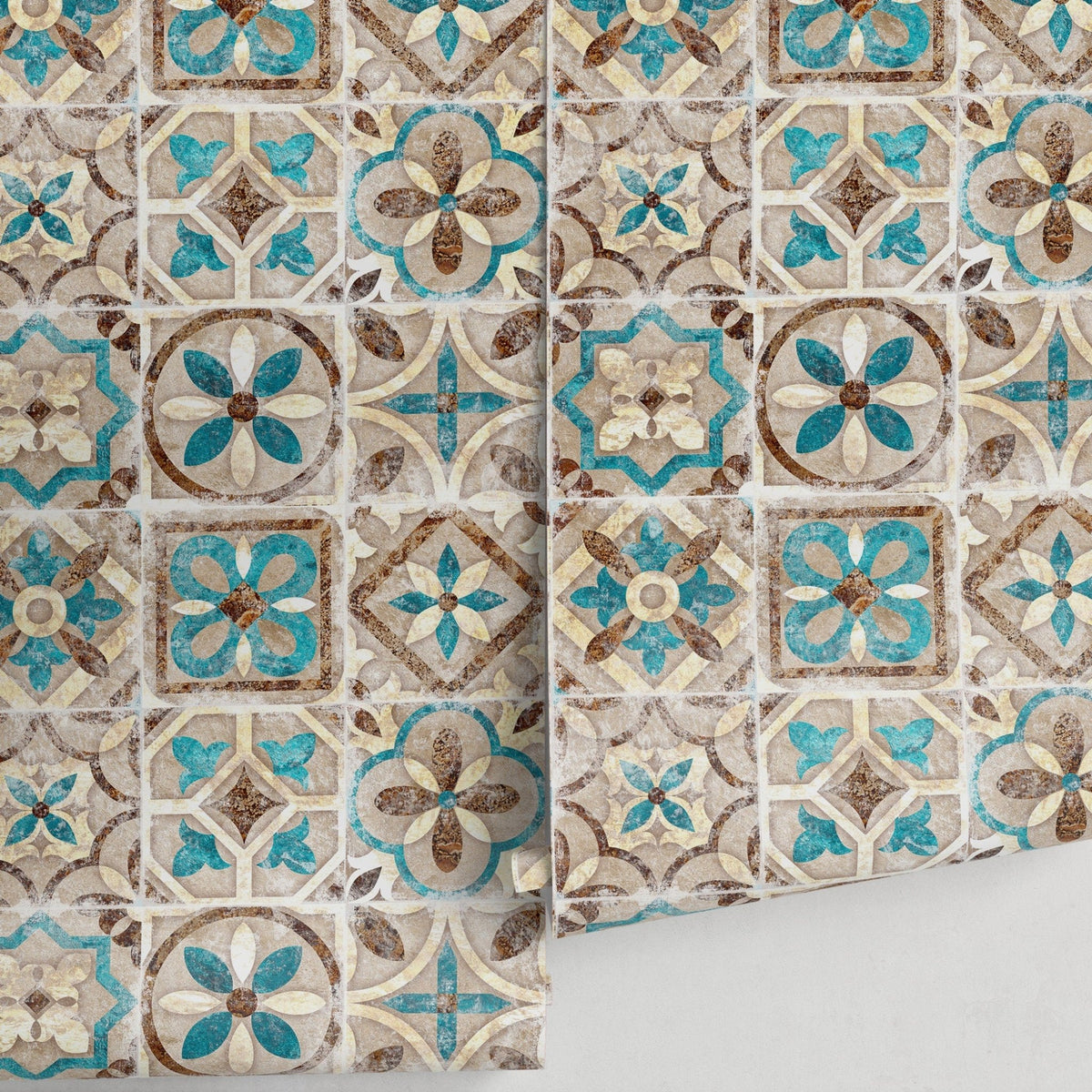 Portuguese Tile Wallpaper Geometric Wallpaper Moroccan Wallpaper Spanish Peel and Stick and Traditional Wallpaper Teal Brown - A552 - WallTrend