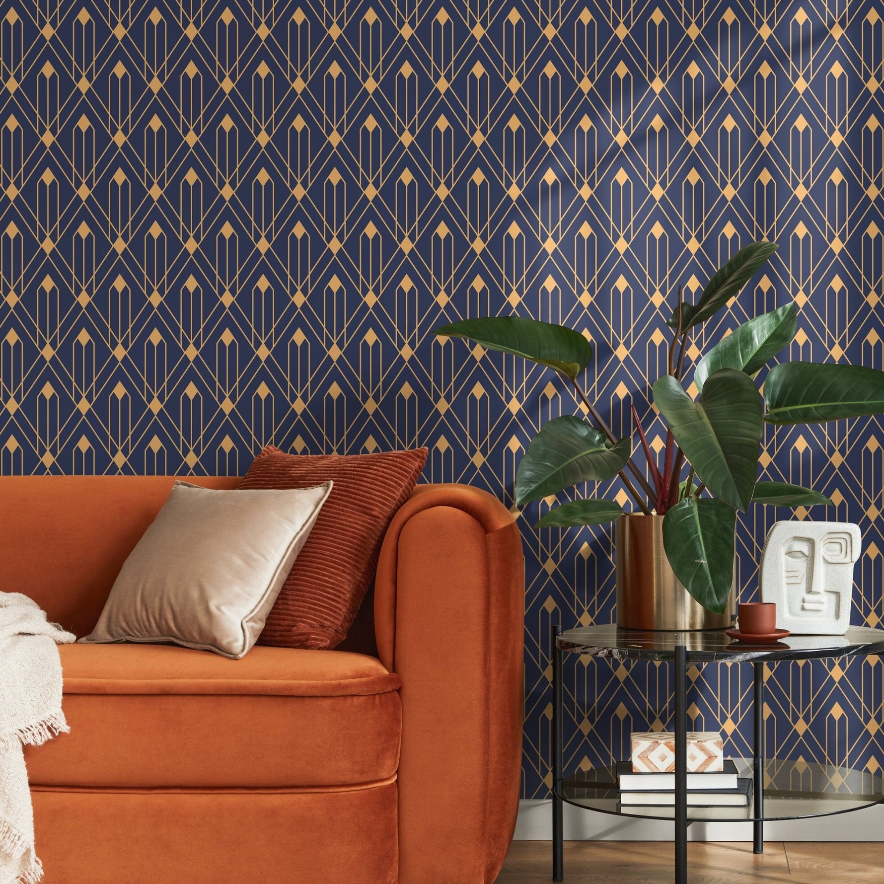 Removable Wallpaper Peel and Stick Wallpaper Wall Paper Wall Mural - Art Deco Blue and Non - Metalic Yellow Gold Color - B495 - WallTrend