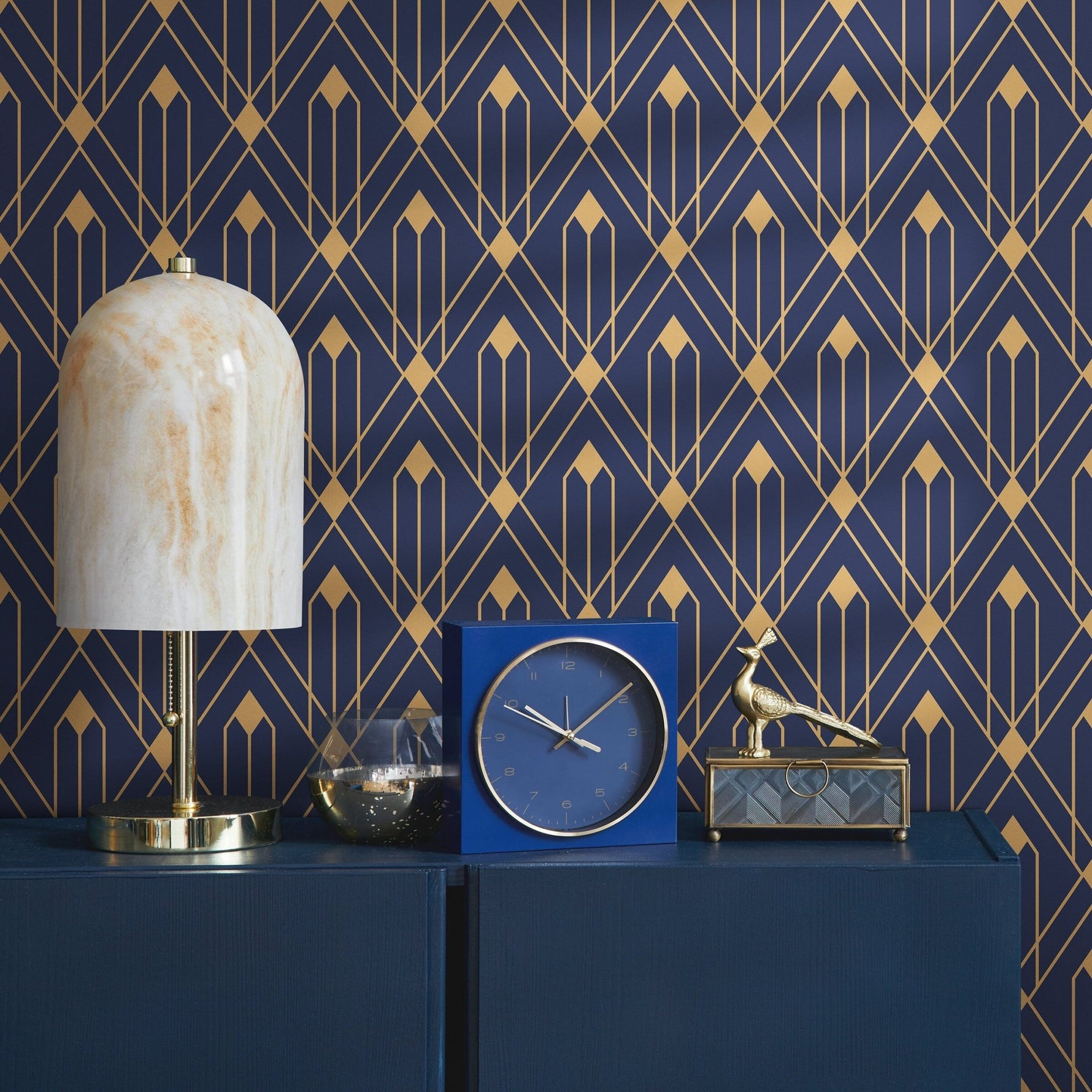 Removable Wallpaper Peel and Stick Wallpaper Wall Paper Wall Mural - Art Deco Blue and Non - Metalic Yellow Gold Color - B495 - WallTrend