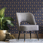 Removable Wallpaper Peel and Stick Wallpaper Wall Paper Wall Mural - Art Deco Blue and Non - Metalic Yellow Gold Color - B495 - WallTrend