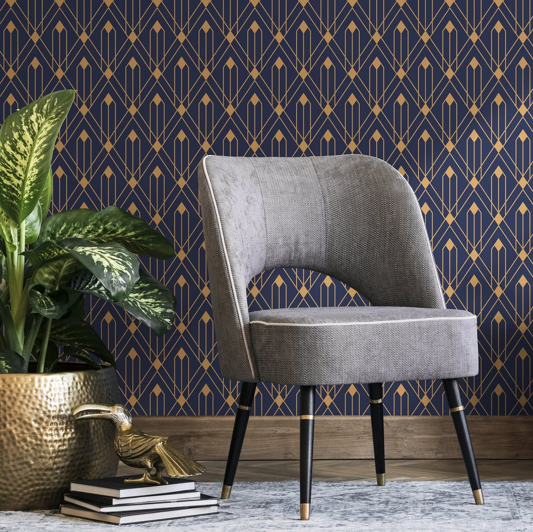 Removable Wallpaper Peel and Stick Wallpaper Wall Paper Wall Mural - Art Deco Blue and Non - Metalic Yellow Gold Color - B495 - WallTrend