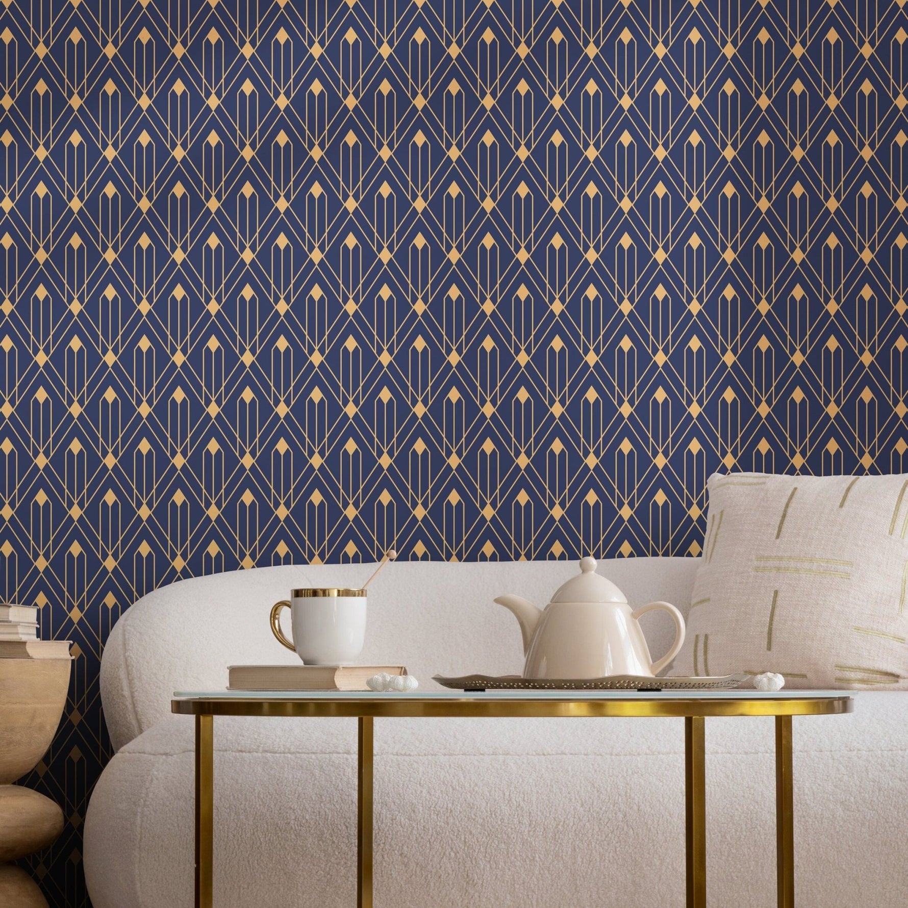 Removable Wallpaper Peel and Stick Wallpaper Wall Paper Wall Mural - Art Deco Blue and Non - Metalic Yellow Gold Color - B495 - WallTrend