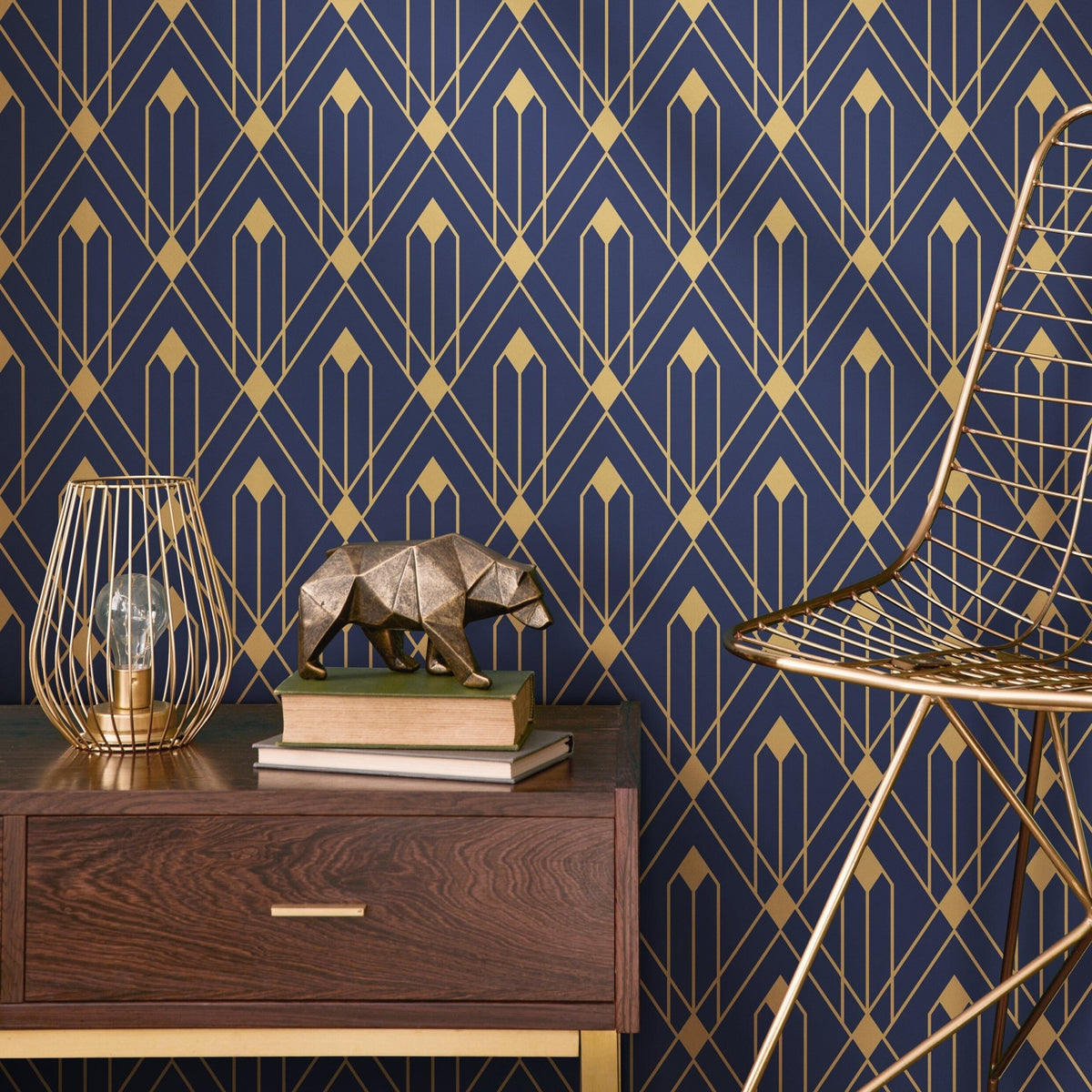 Removable Wallpaper Peel and Stick Wallpaper Wall Paper Wall Mural - Art Deco Blue and Non - Metalic Yellow Gold Color - B495 - WallTrend